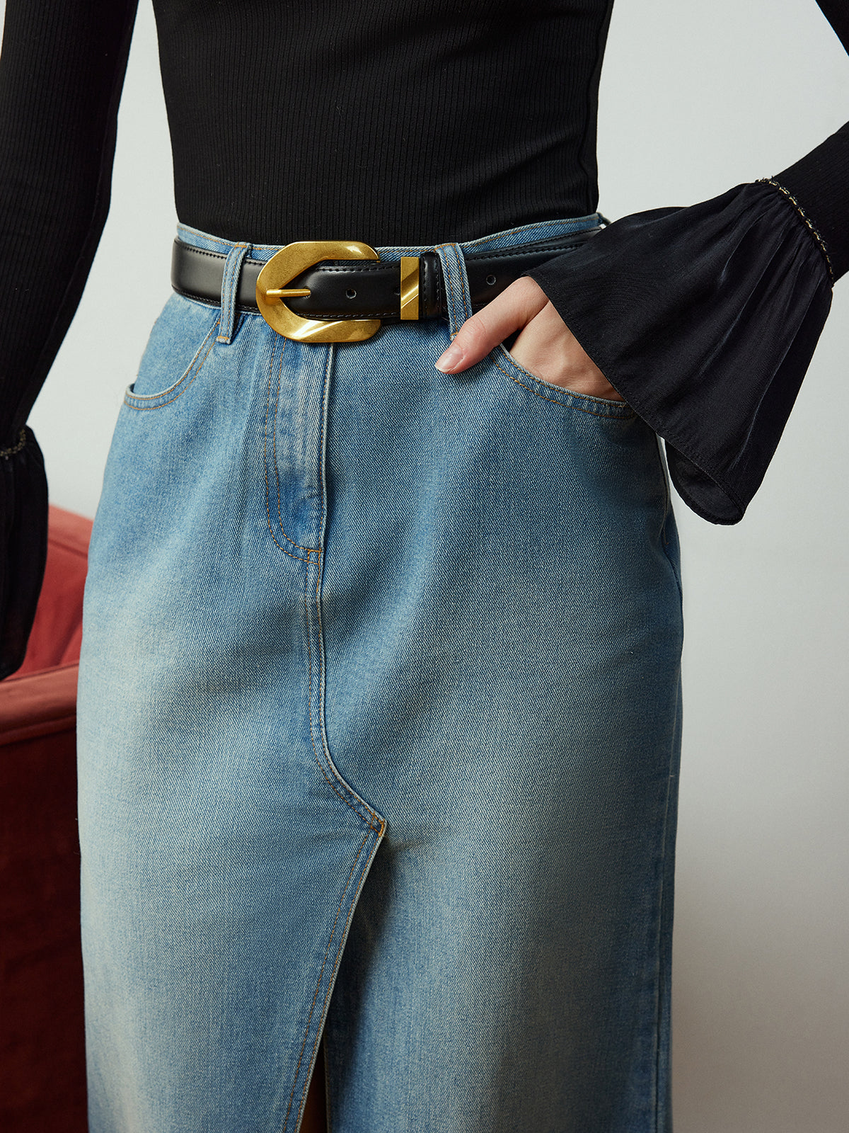 Split Denim Pockets Skirt Without Belt-Mesadic