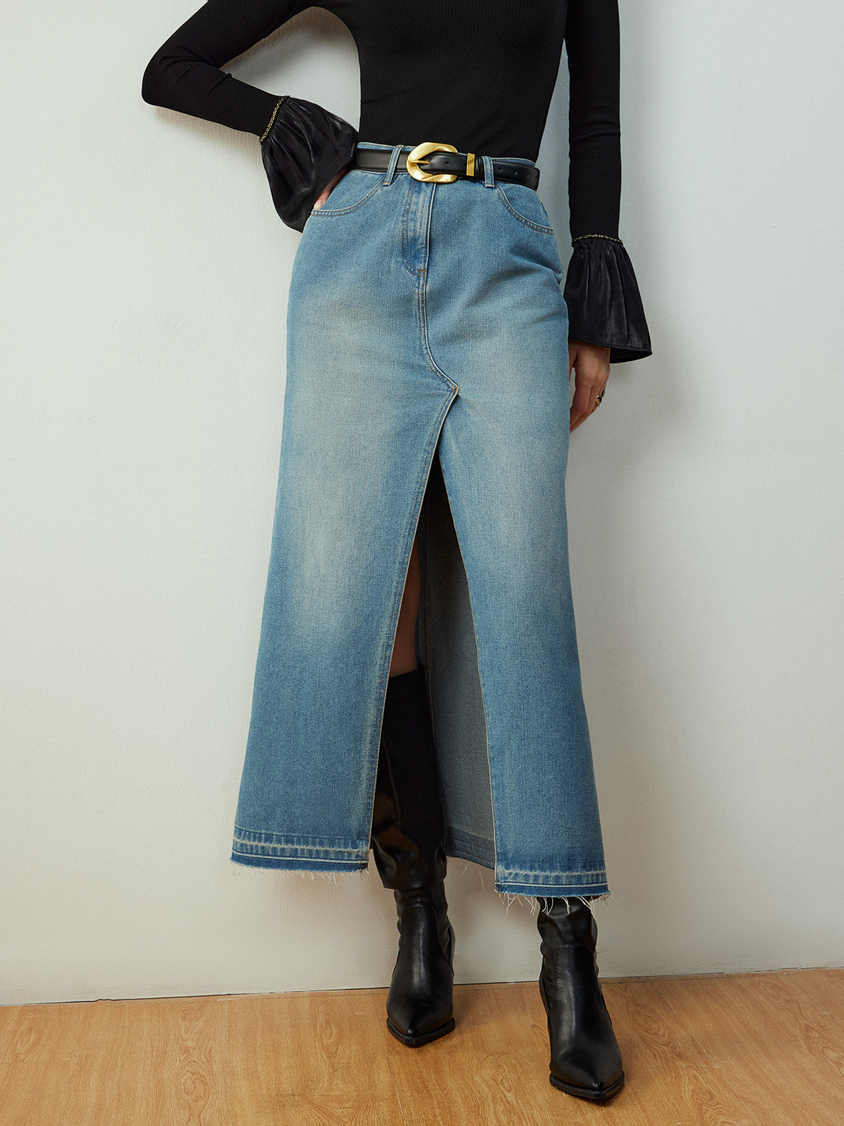 Split Denim Pockets Skirt Without Belt-Mesadic