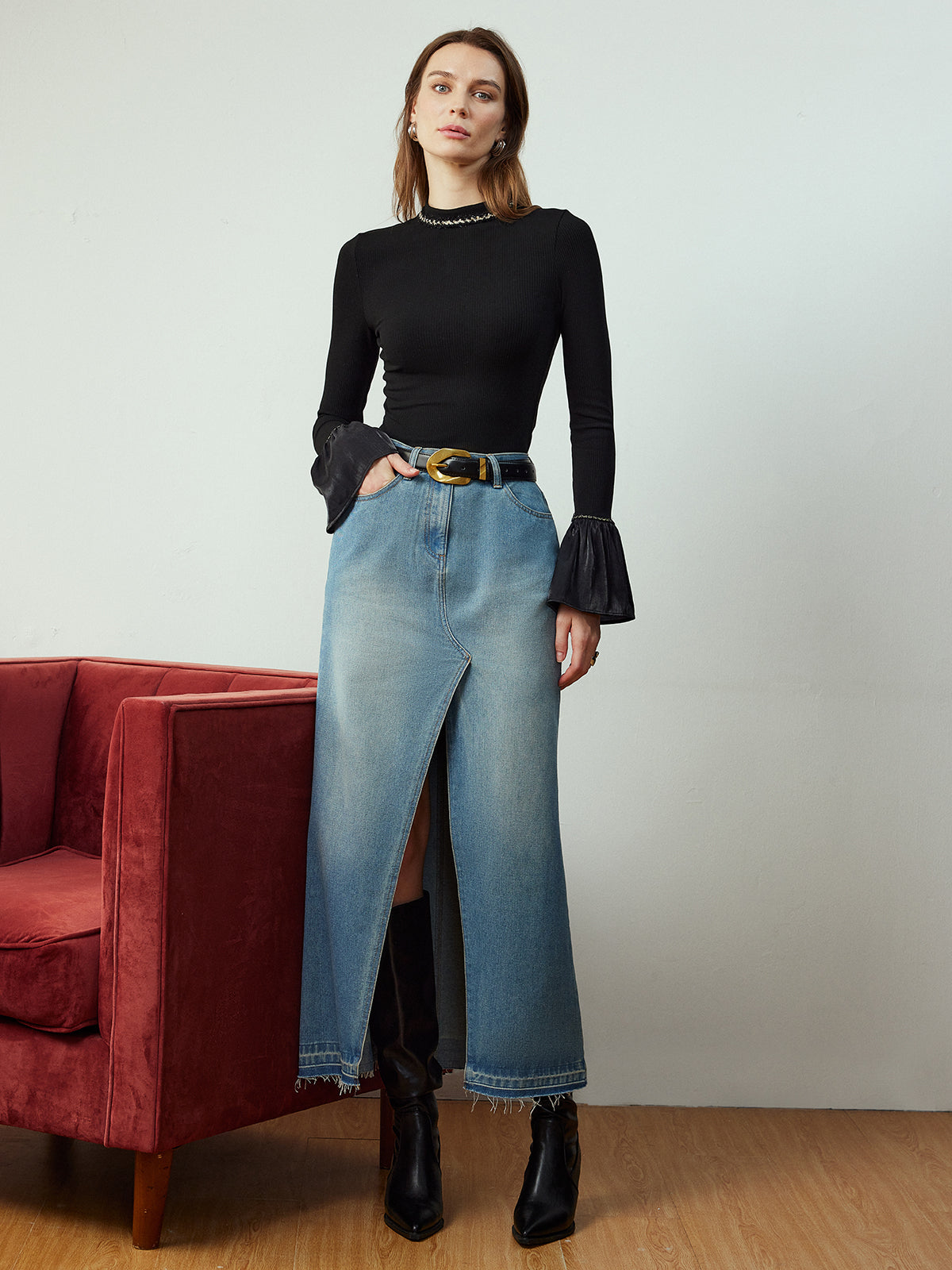 Split Denim Pockets Skirt Without Belt-Mesadic