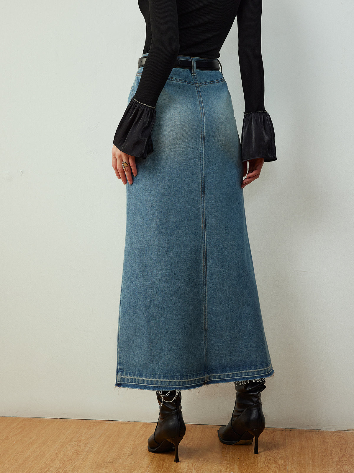 Split Denim Pockets Skirt Without Belt-Mesadic