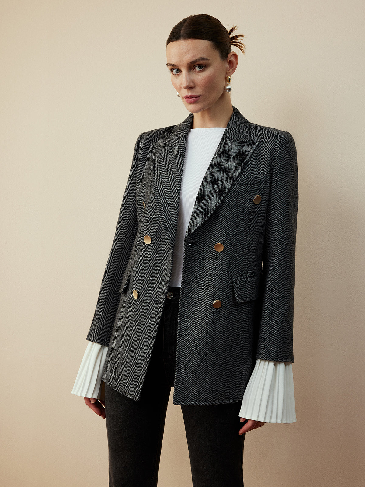 Wool-Blend Chevron Tweed Fit Blazer-Mesadic