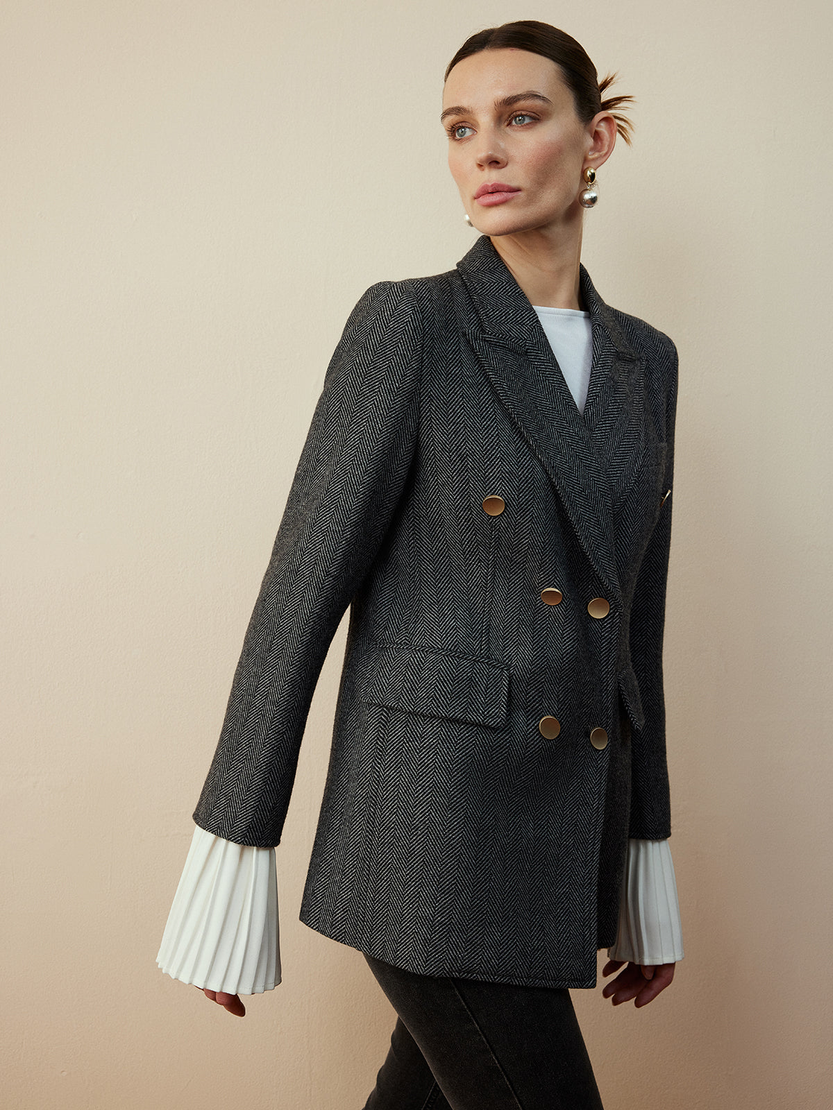 Wool-Blend Chevron Tweed Fit Blazer-Mesadic