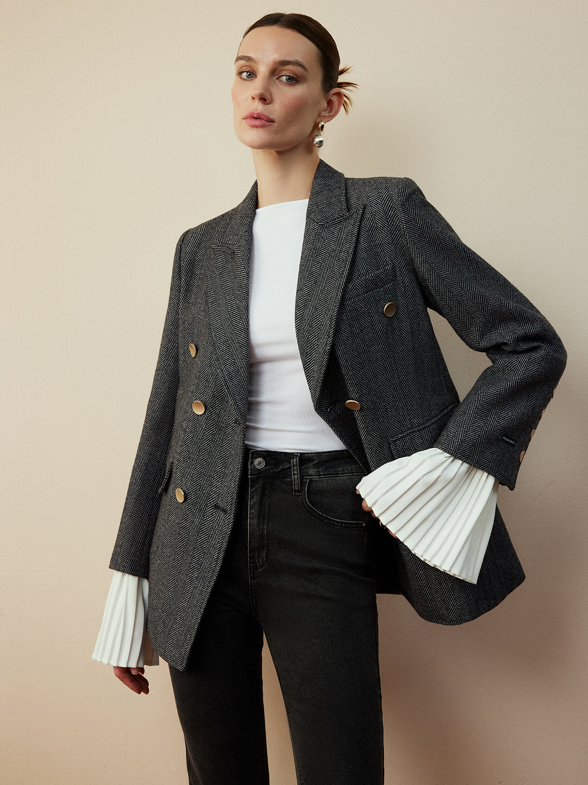 Wool-Blend Chevron Tweed Fit Blazer-Mesadic