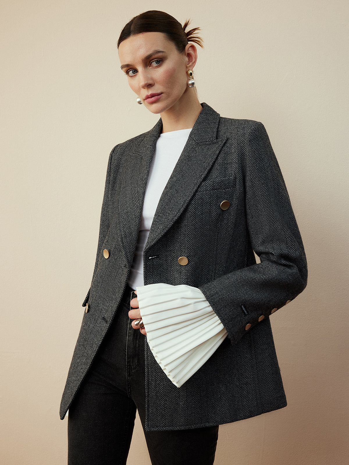 Wool-Blend Chevron Tweed Fit Blazer-Mesadic