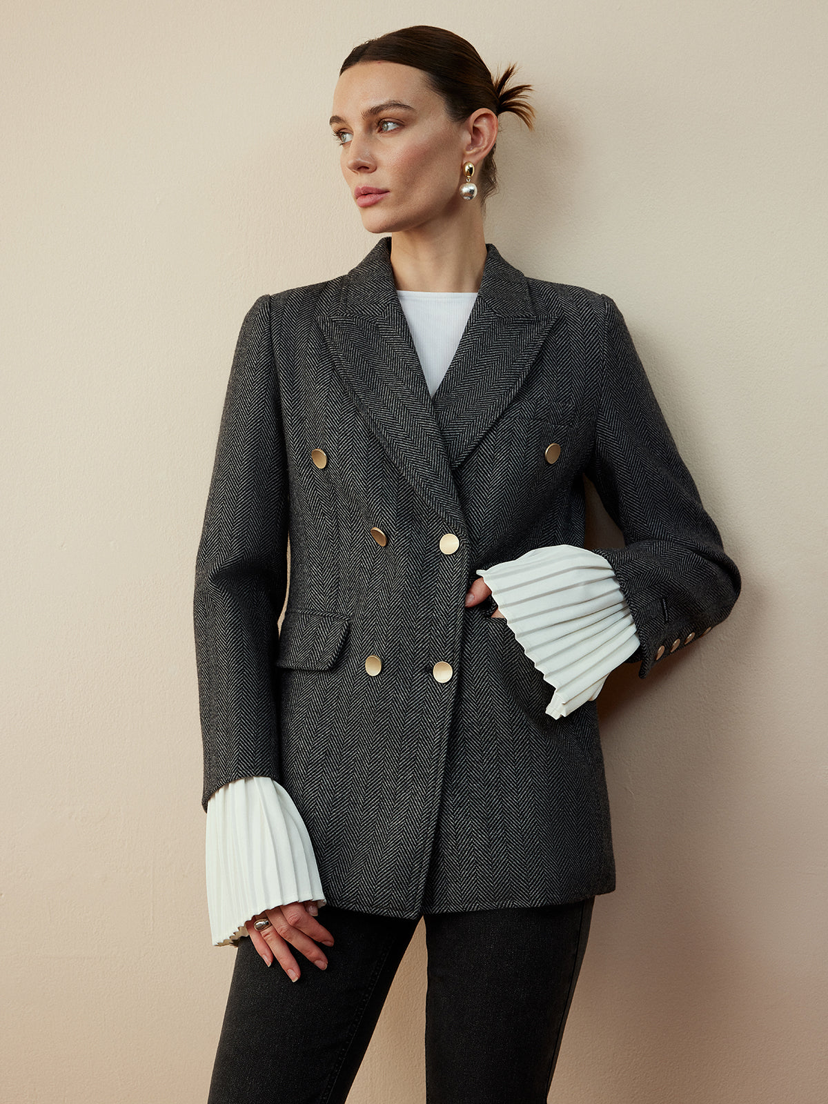 Wool-Blend Chevron Tweed Fit Blazer-Mesadic