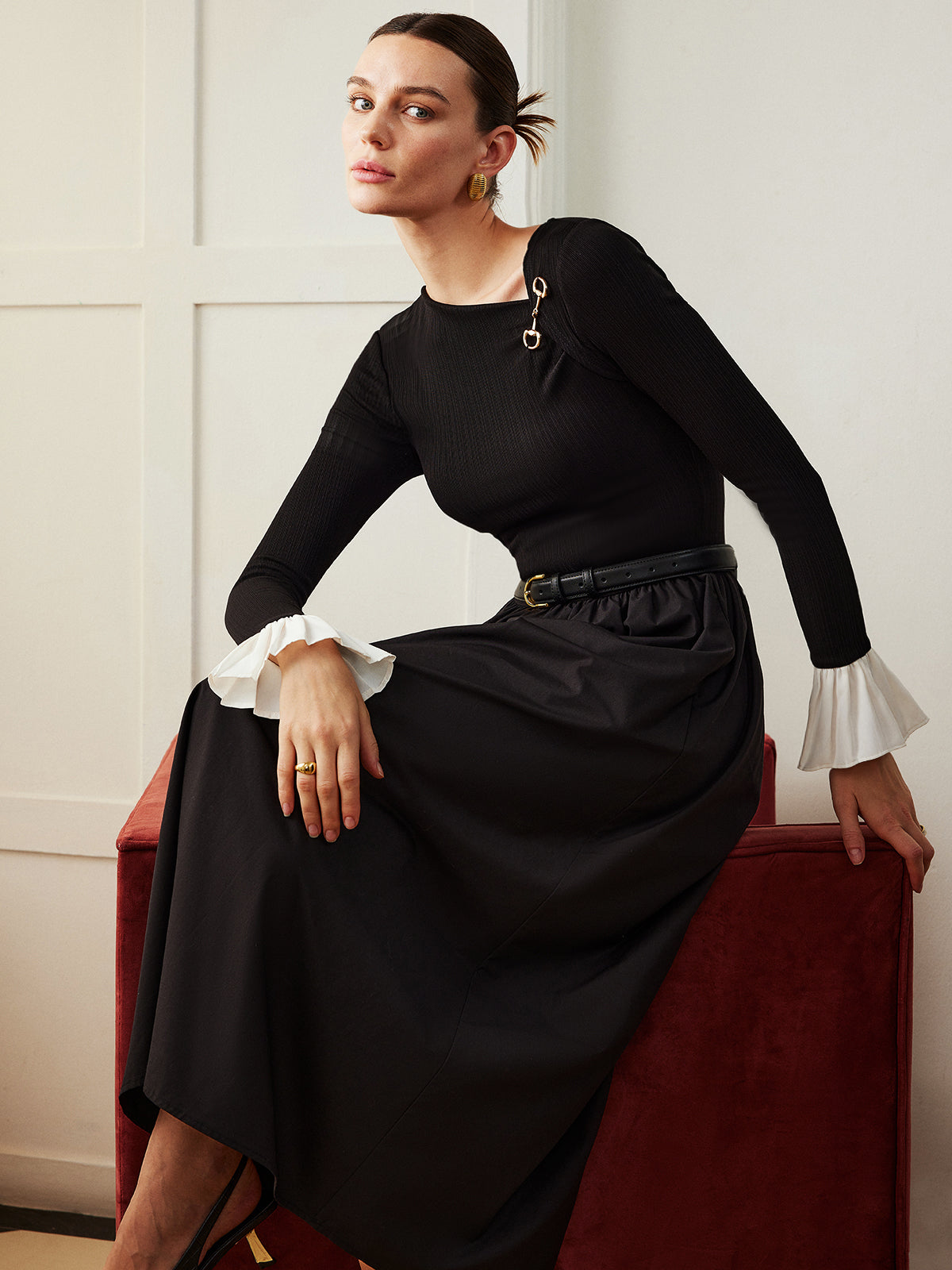 Ruffle-Cuff Panel Pockets Dress Without Belt-Mesadic