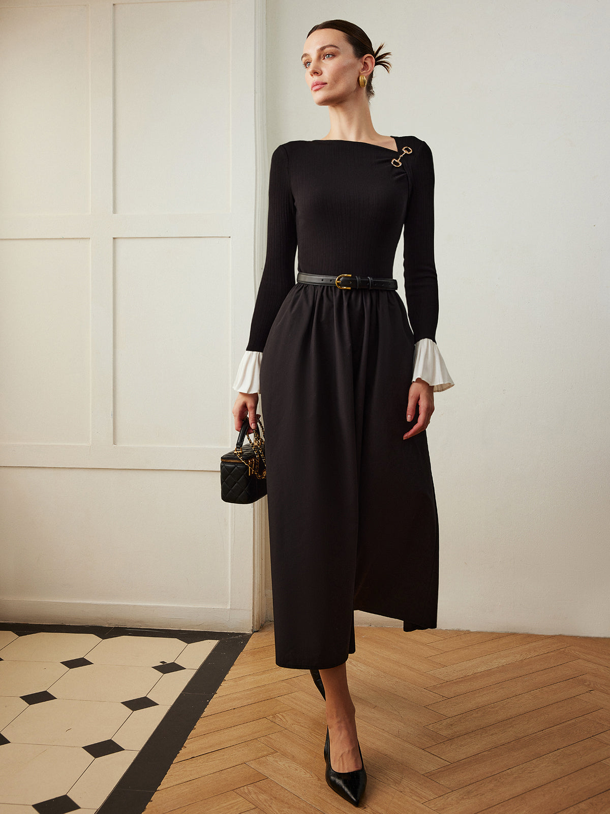 Ruffle-Cuff Panel Pockets Dress Without Belt-Mesadic