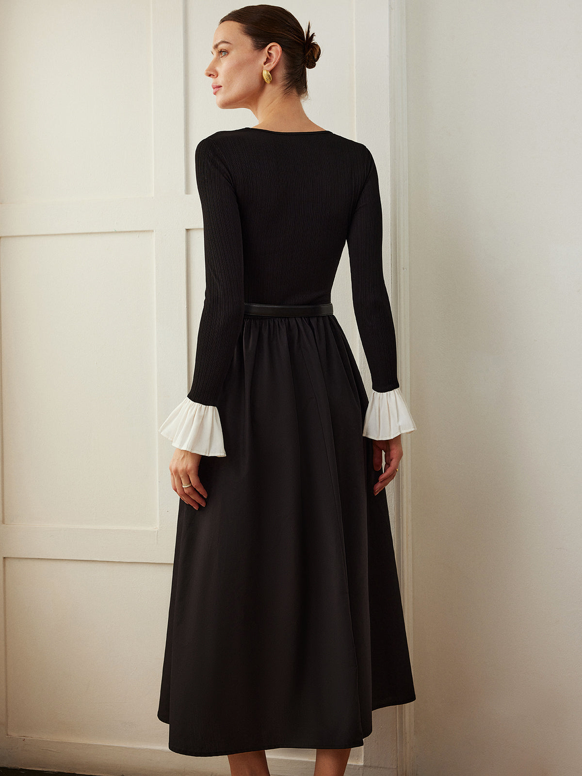 Ruffle-Cuff Panel Pockets Dress Without Belt-Mesadic