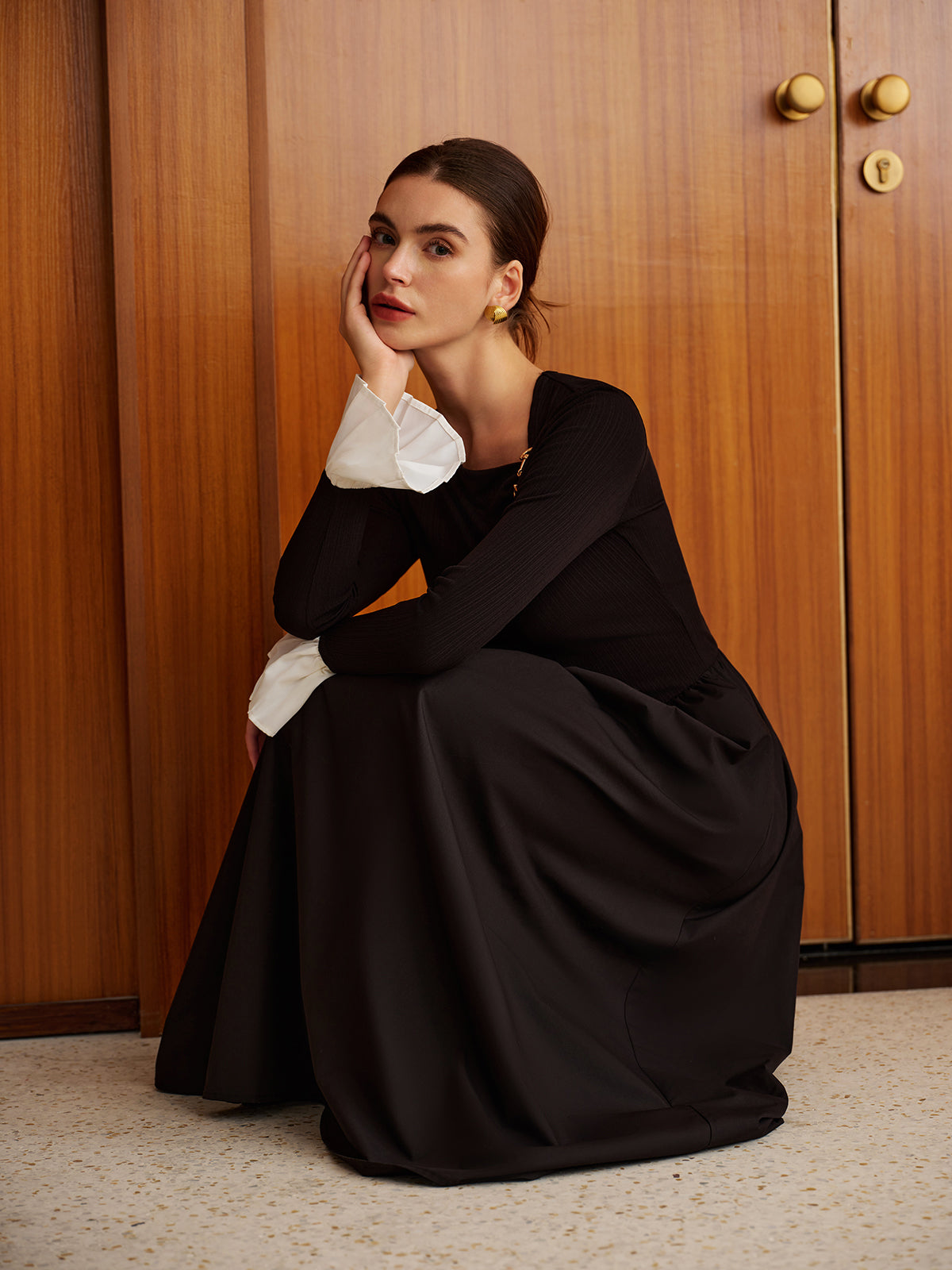 Ruffle-Cuff Panel Pockets Dress Without Belt-Mesadic
