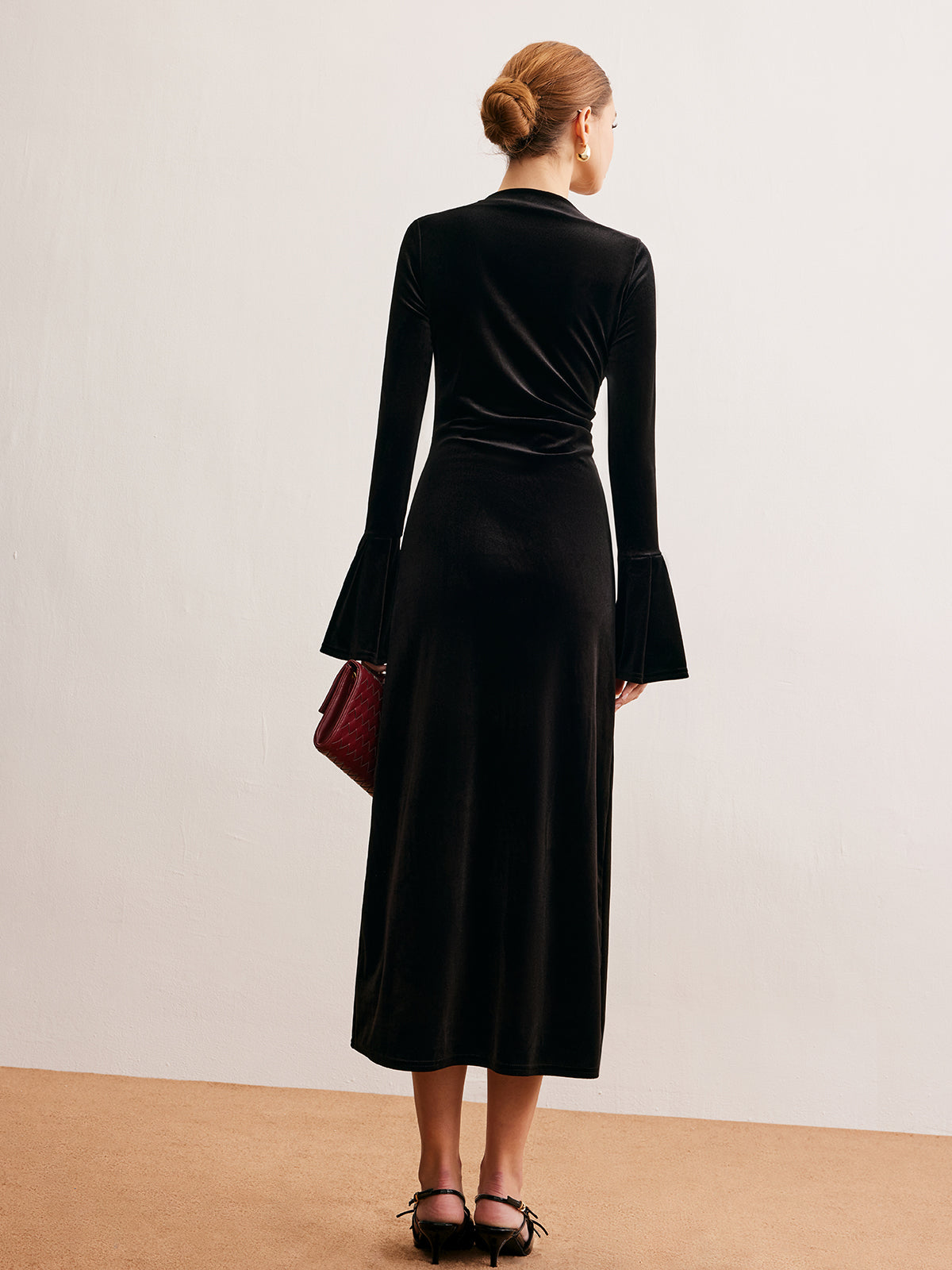 Ruffle-Cuff Velvet Long Dress-Mesadic