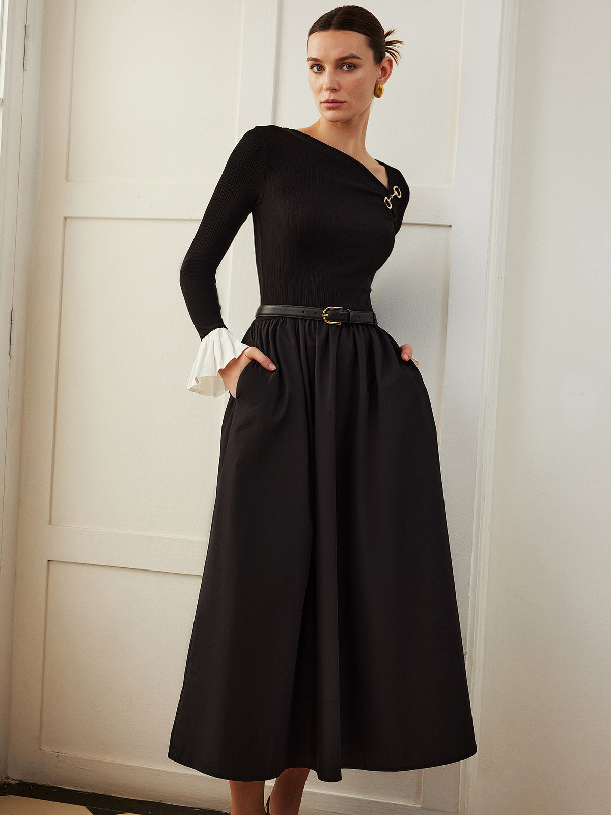 Ruffle-Cuff Panel Pockets Dress Without Belt-Mesadic