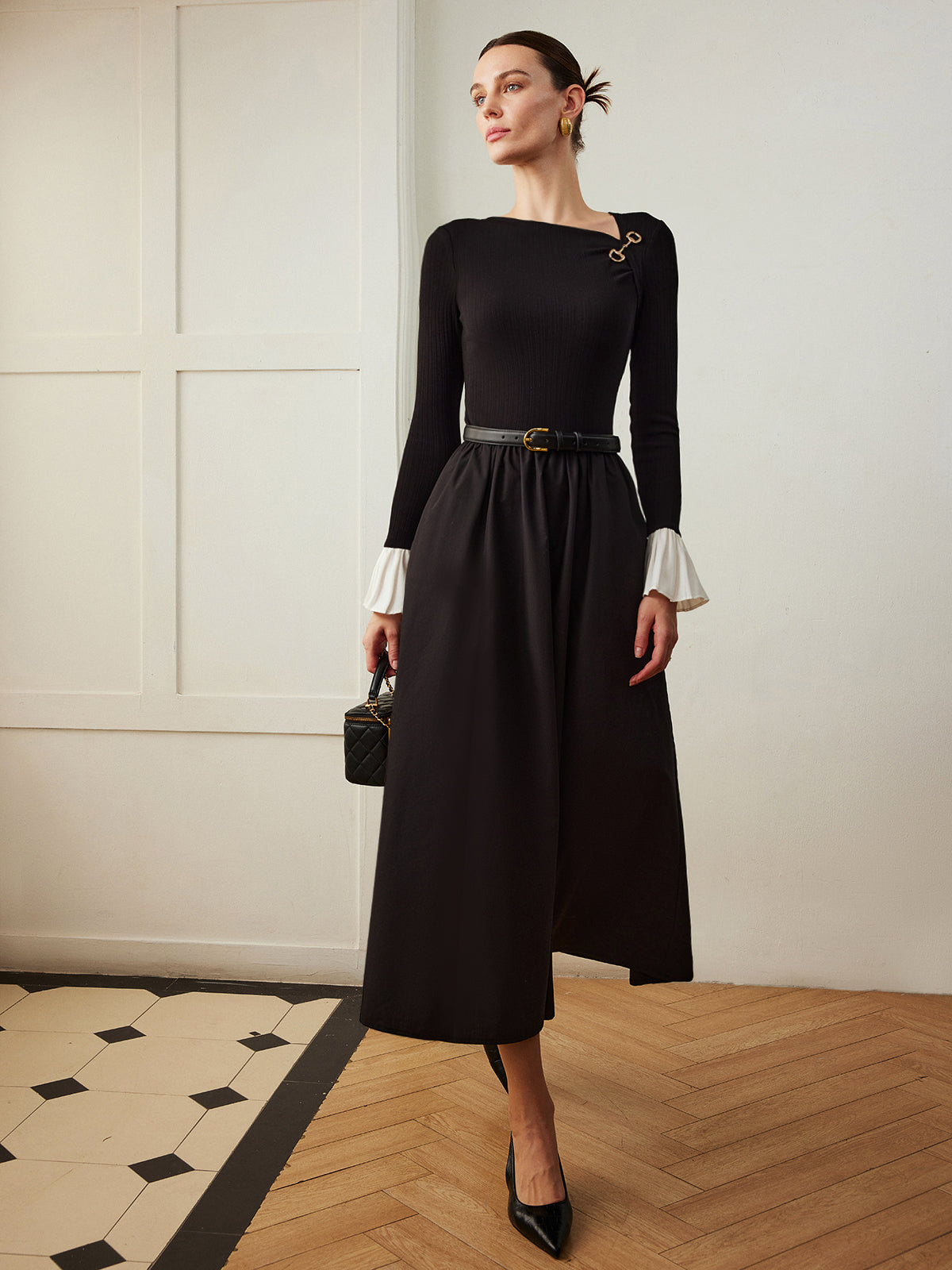 Ruffle-Cuff Panel Pockets Dress Without Belt-Mesadic