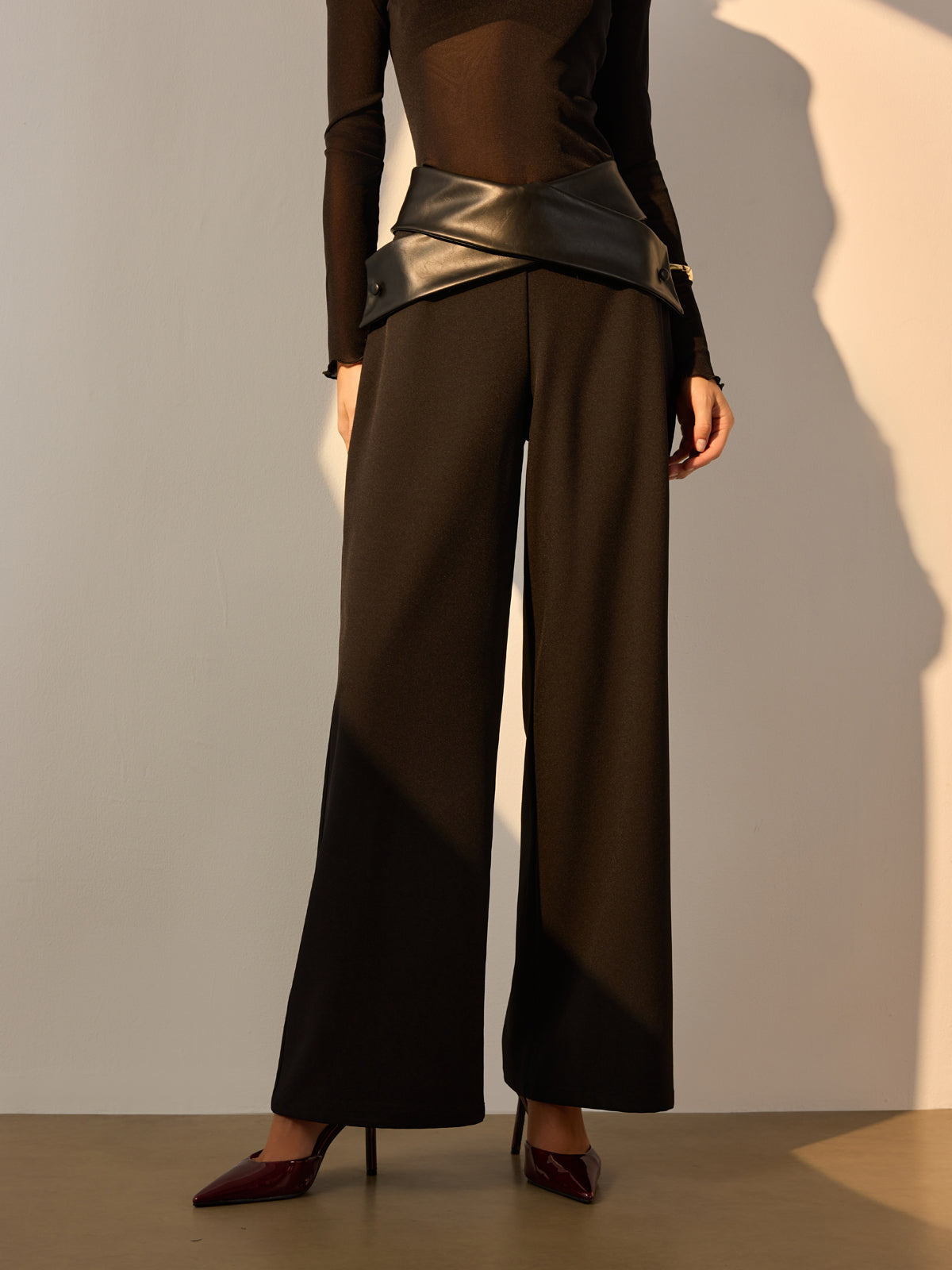 Criss Cross Faux Leather Panel Pants-Mesadic