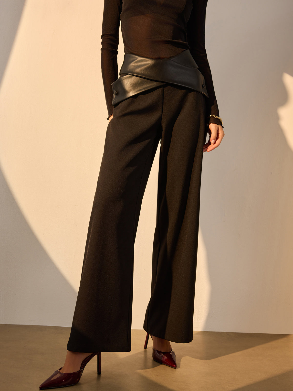 Criss Cross Faux Leather Panel Pants-Mesadic