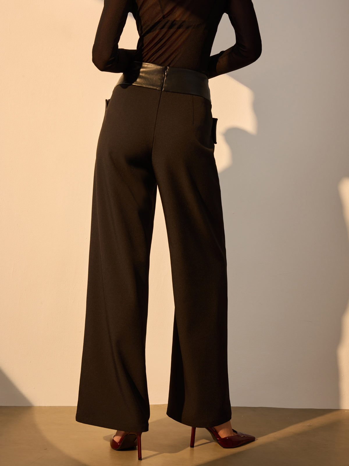 Criss Cross Faux Leather Panel Pants-Mesadic