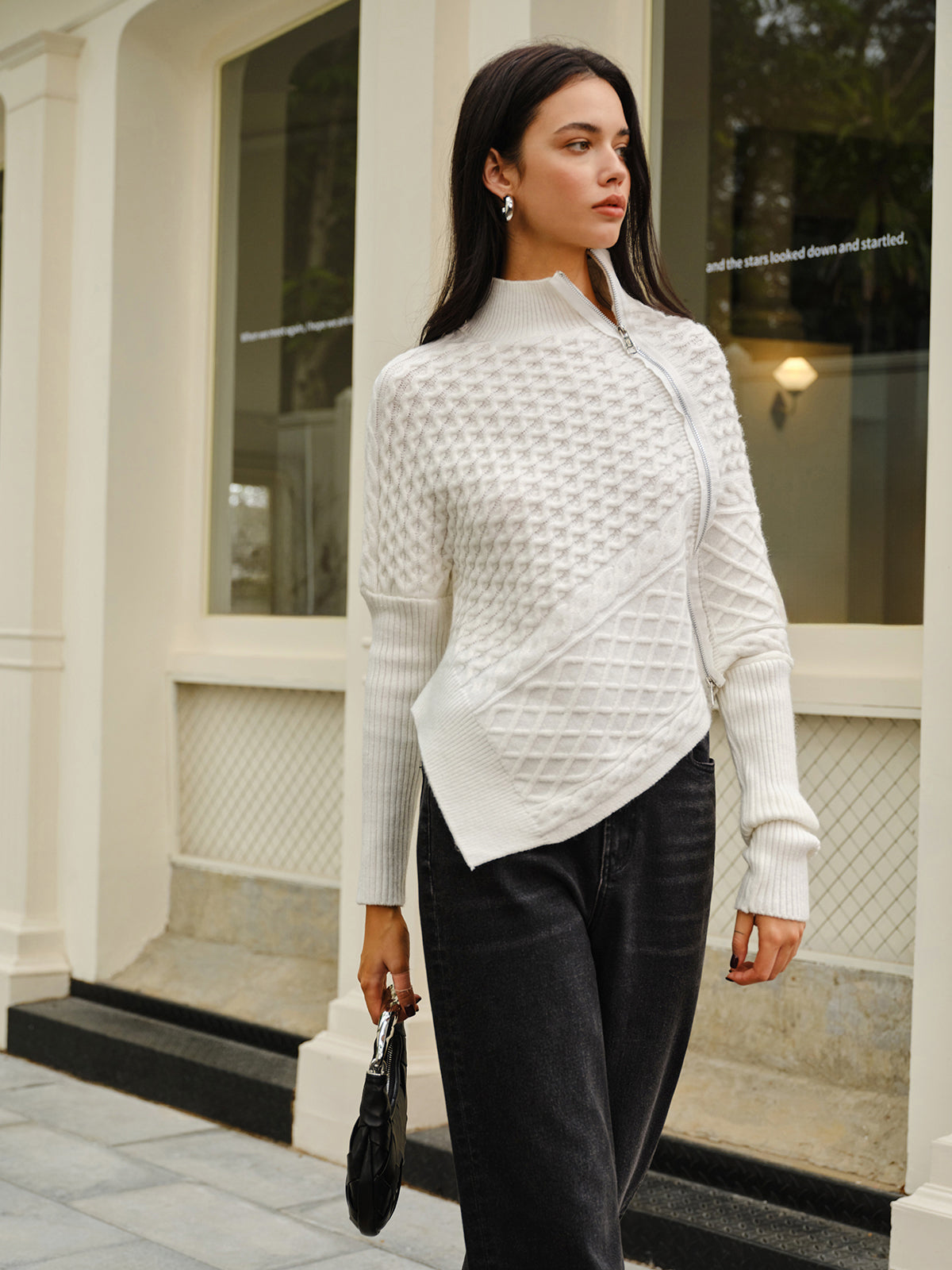 Asymmetrical Mock-Neck Zipper Sweater-Mesadic