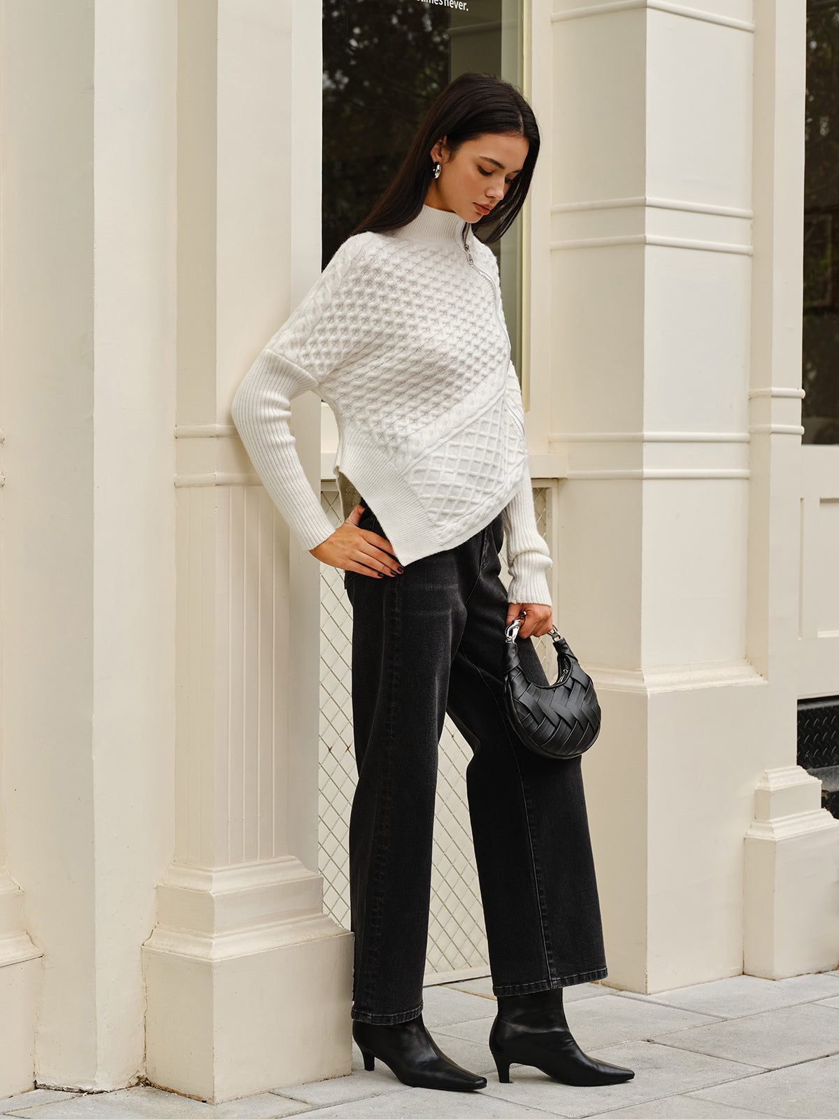 Asymmetrical Mock-Neck Zipper Sweater-Mesadic