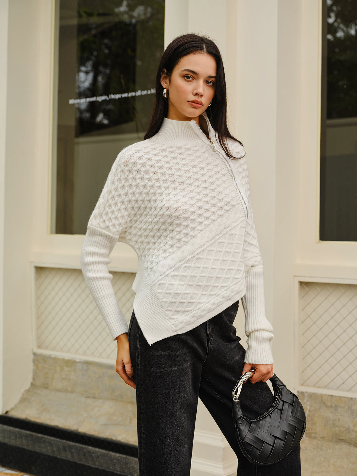 Asymmetrical Mock-Neck Zipper Sweater-Mesadic