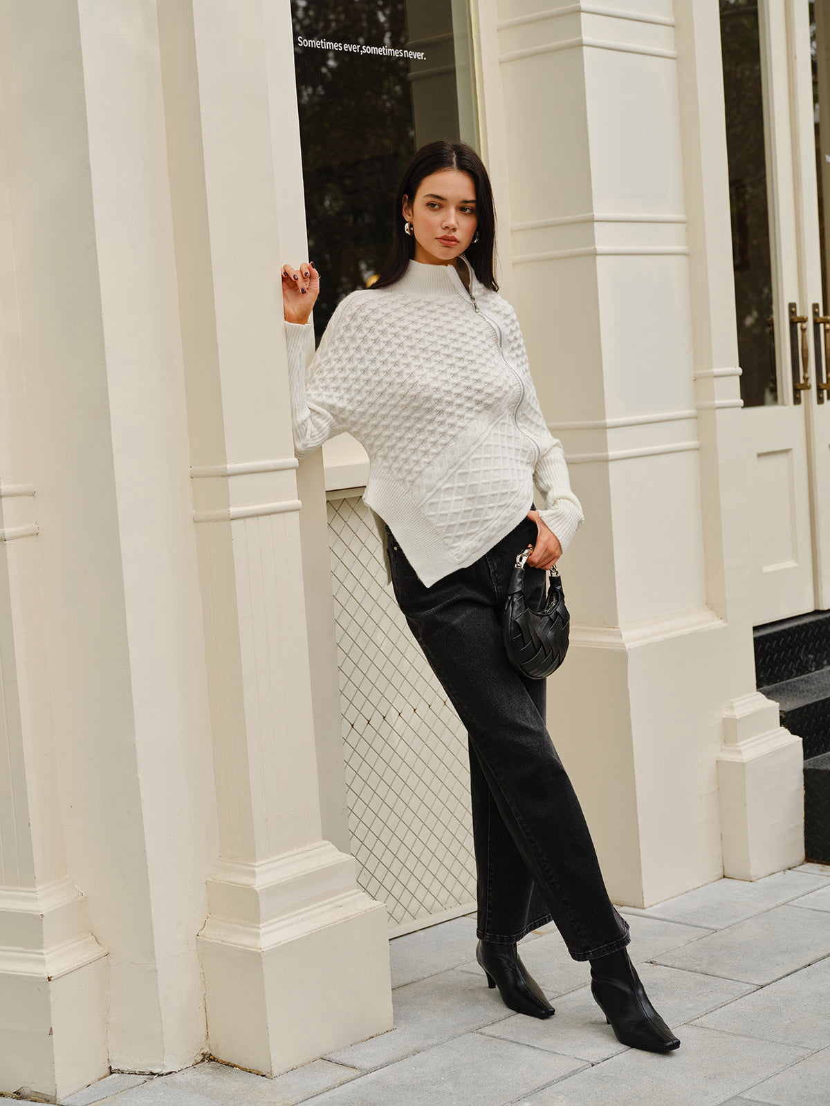 Asymmetrical Mock-Neck Zipper Sweater-Mesadic
