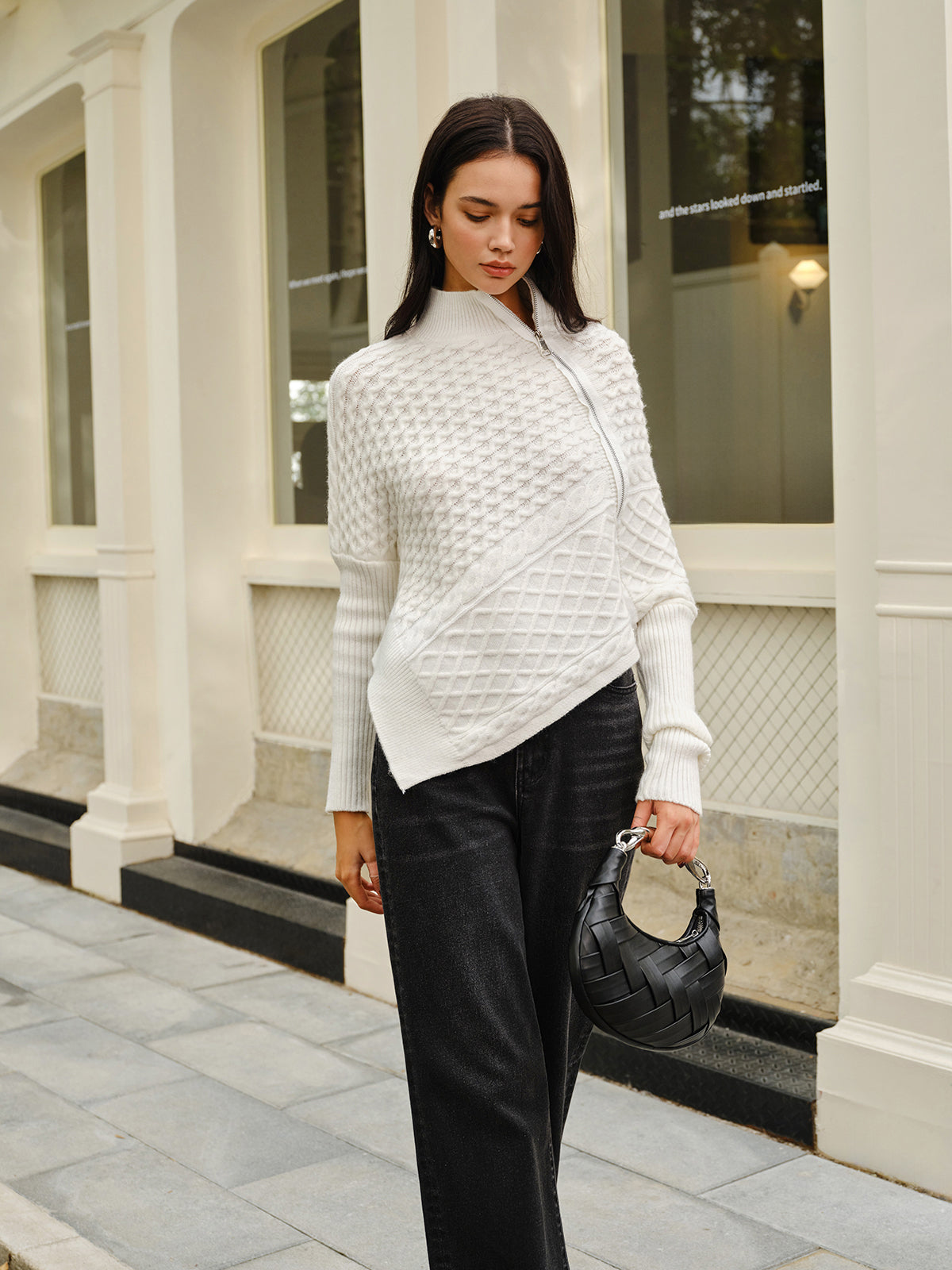 Asymmetrical Mock-Neck Zipper Sweater-Mesadic