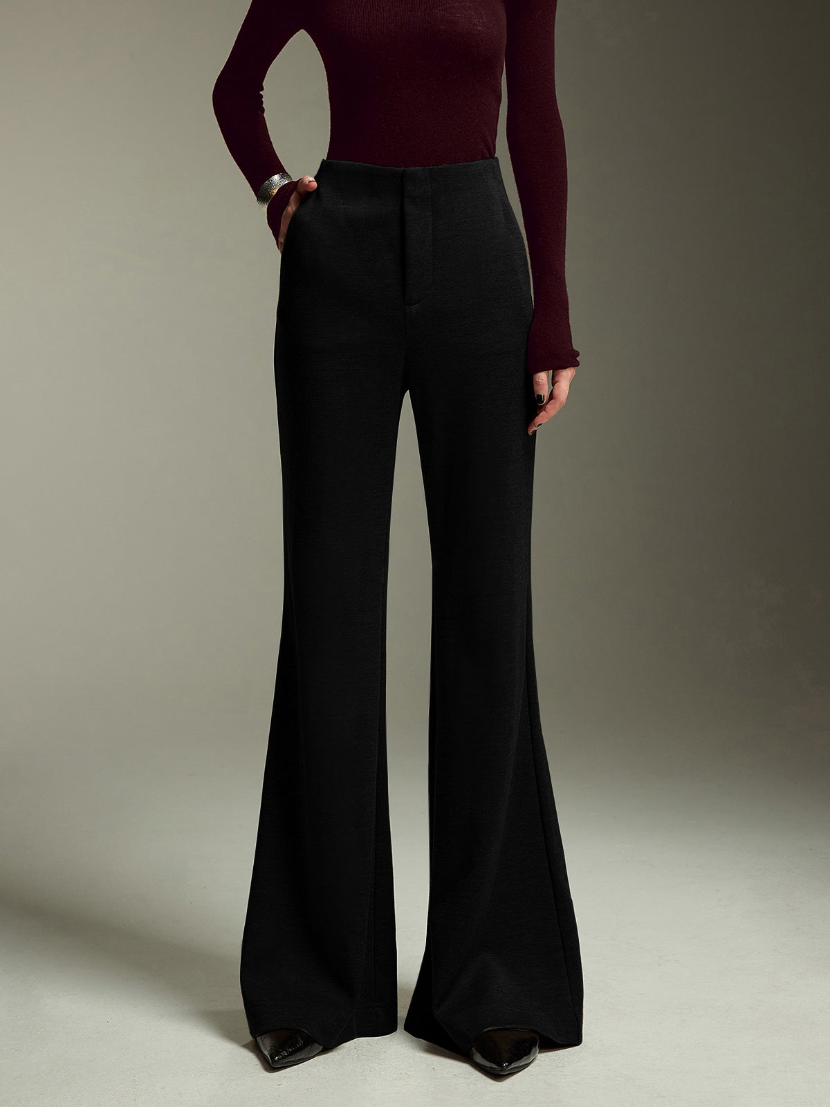 High-Waist Jersey Bootcut Pants-Mesadic