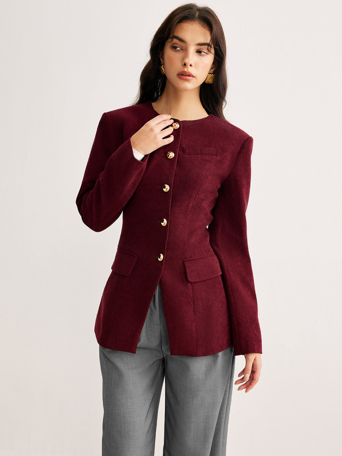 Round Neck Button Corduroy Blazer-Mesadic