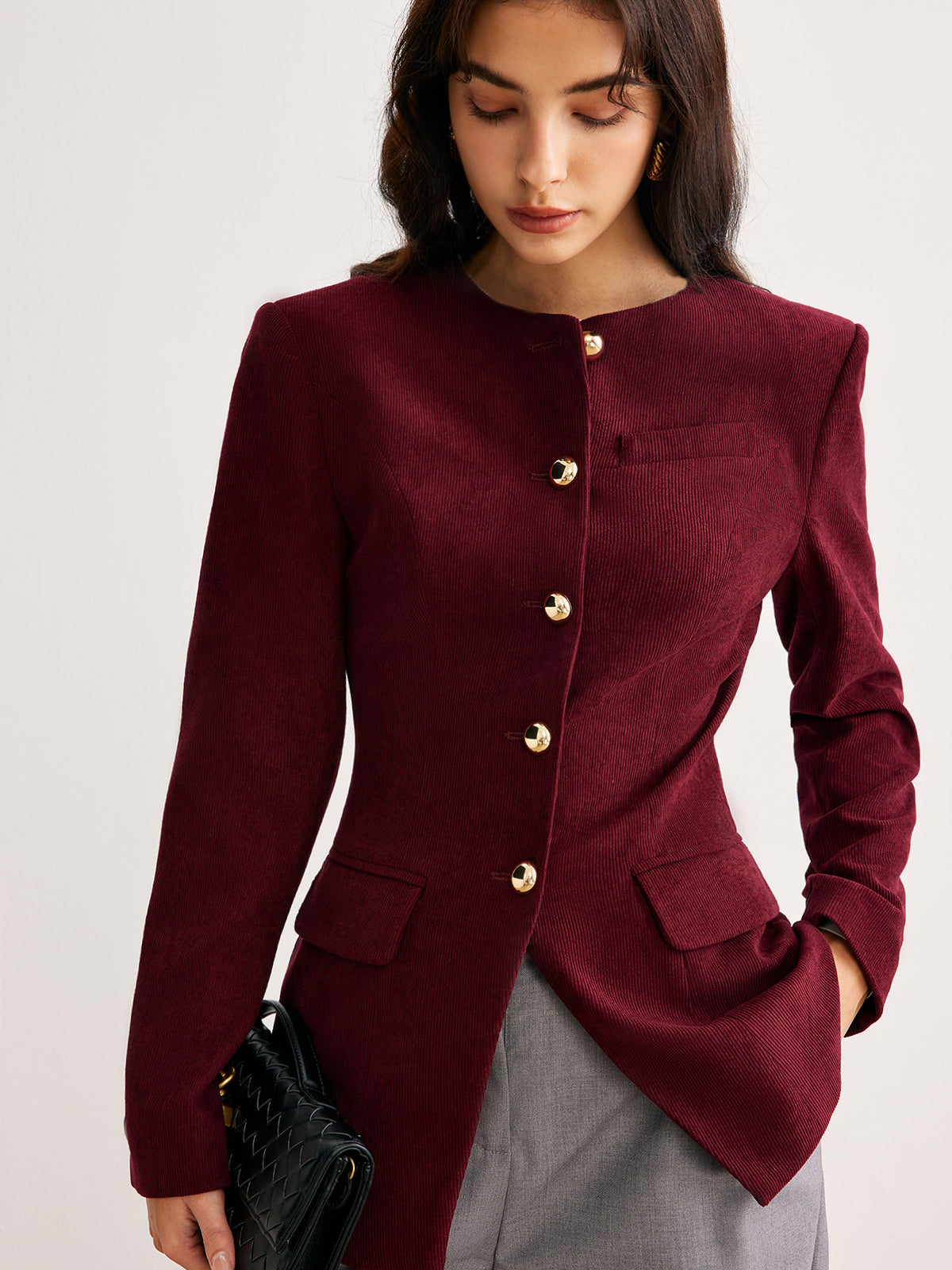 Round Neck Button Corduroy Blazer-Mesadic