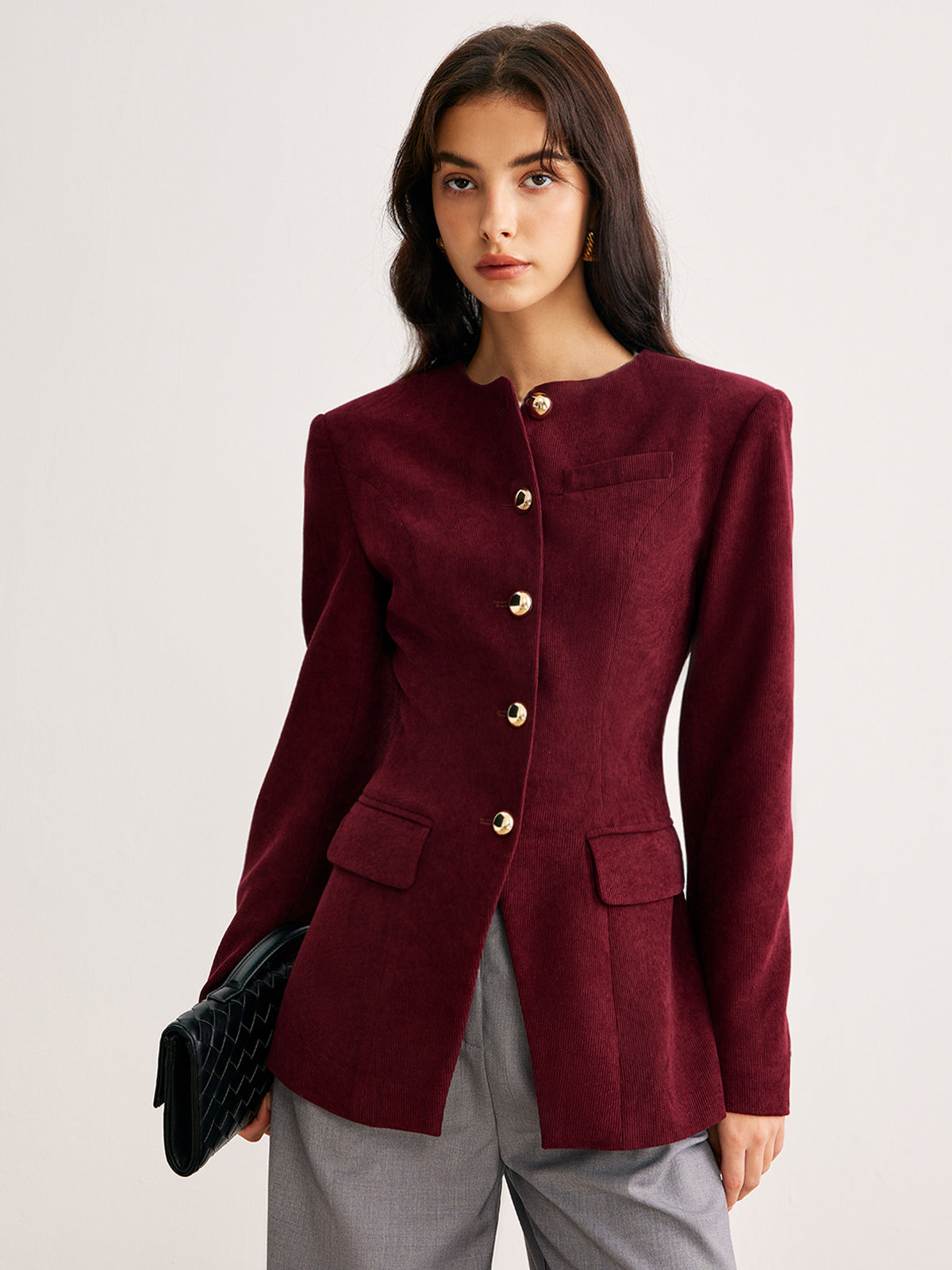 Round Neck Button Corduroy Blazer-Mesadic