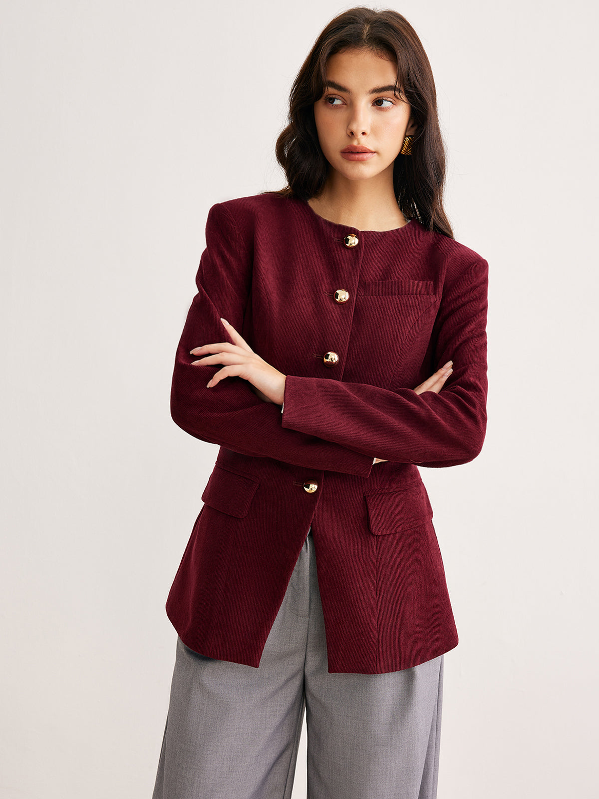 Round Neck Button Corduroy Blazer-Mesadic