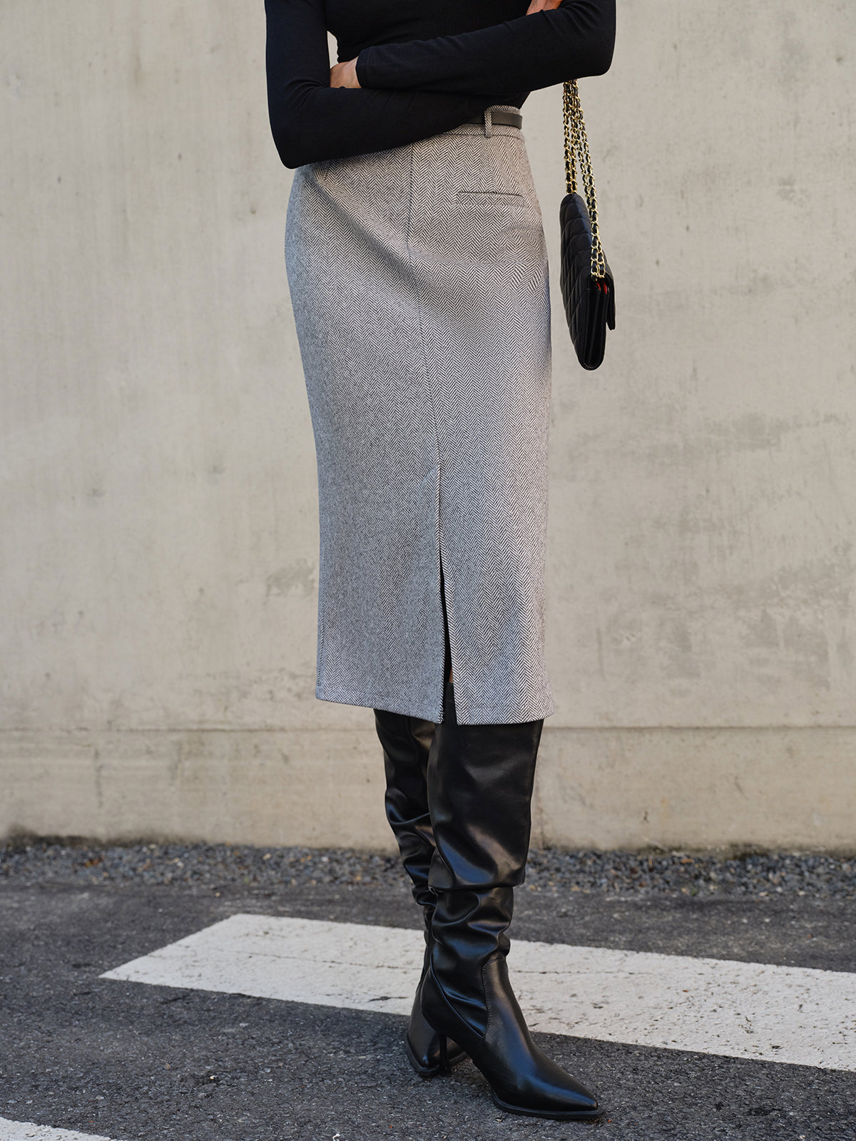 Chevron Split Midi Skirt Without Belt-Mesadic