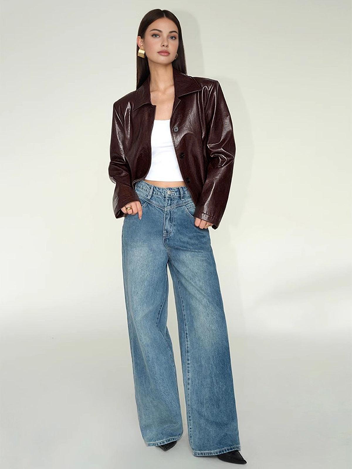 Faux Leather Zipper Short Polo Jacket-Trafni