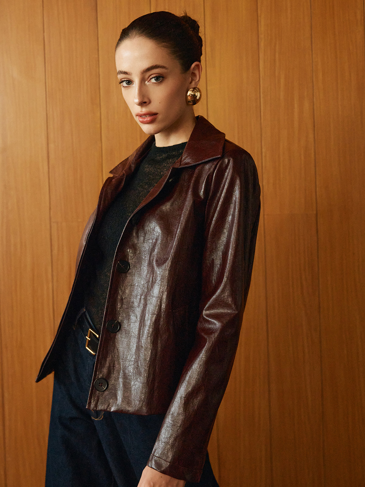 Faux Leather Zipper Short Polo Jacket-Trafni