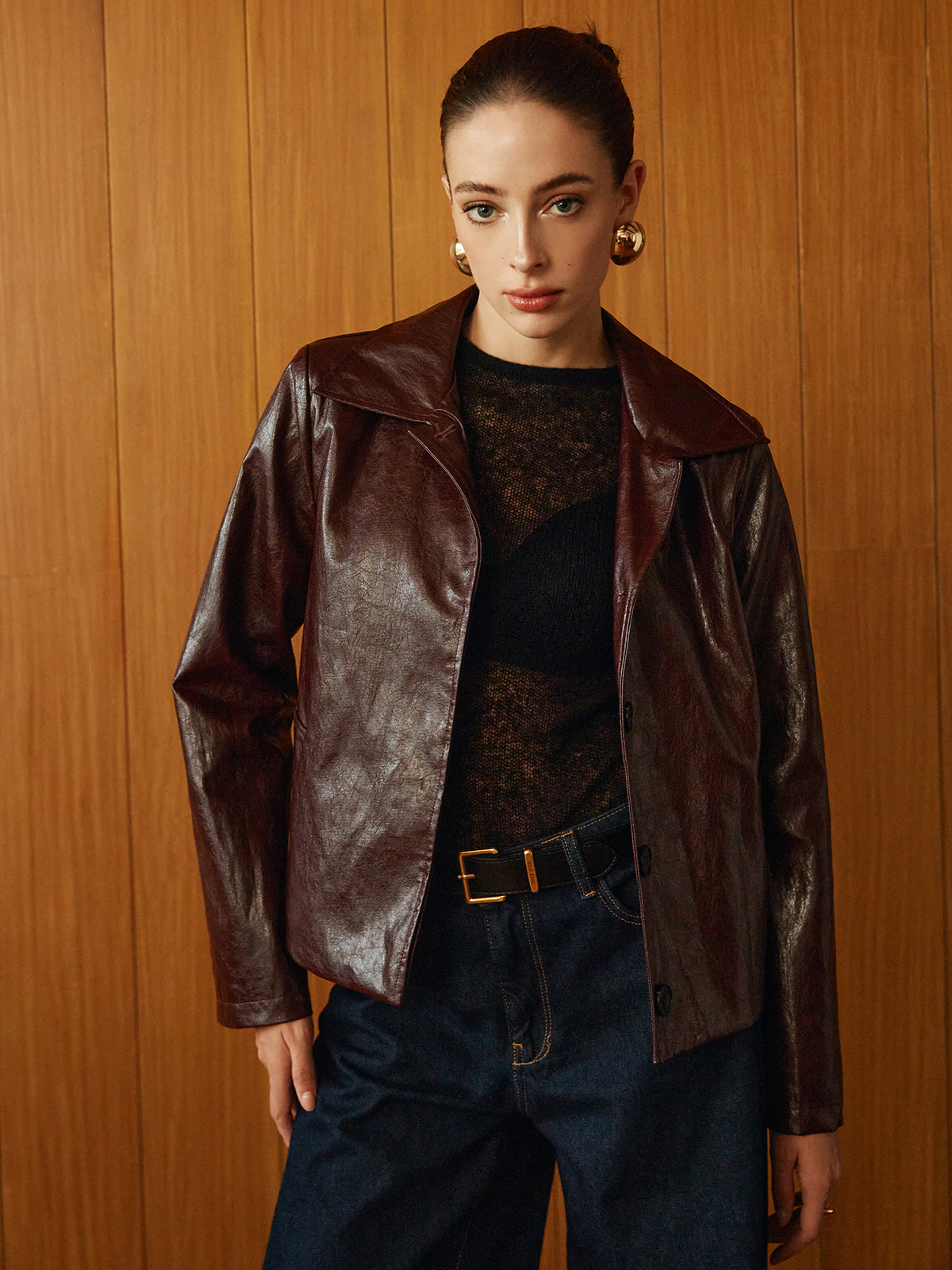 Faux Leather Zipper Short Polo Jacket-Trafni