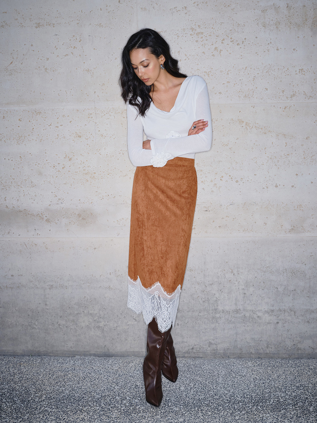 Lace Hem Suede Skirt-Mesadic
