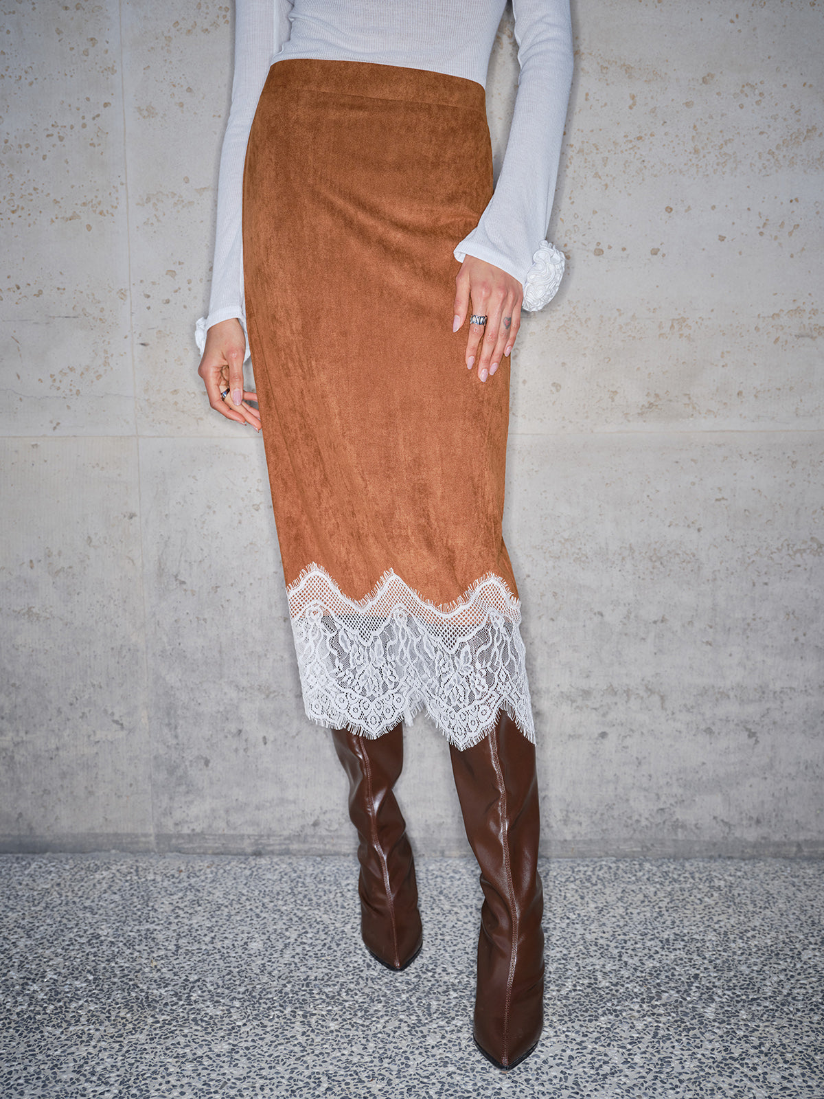 Lace Hem Suede Skirt-Mesadic