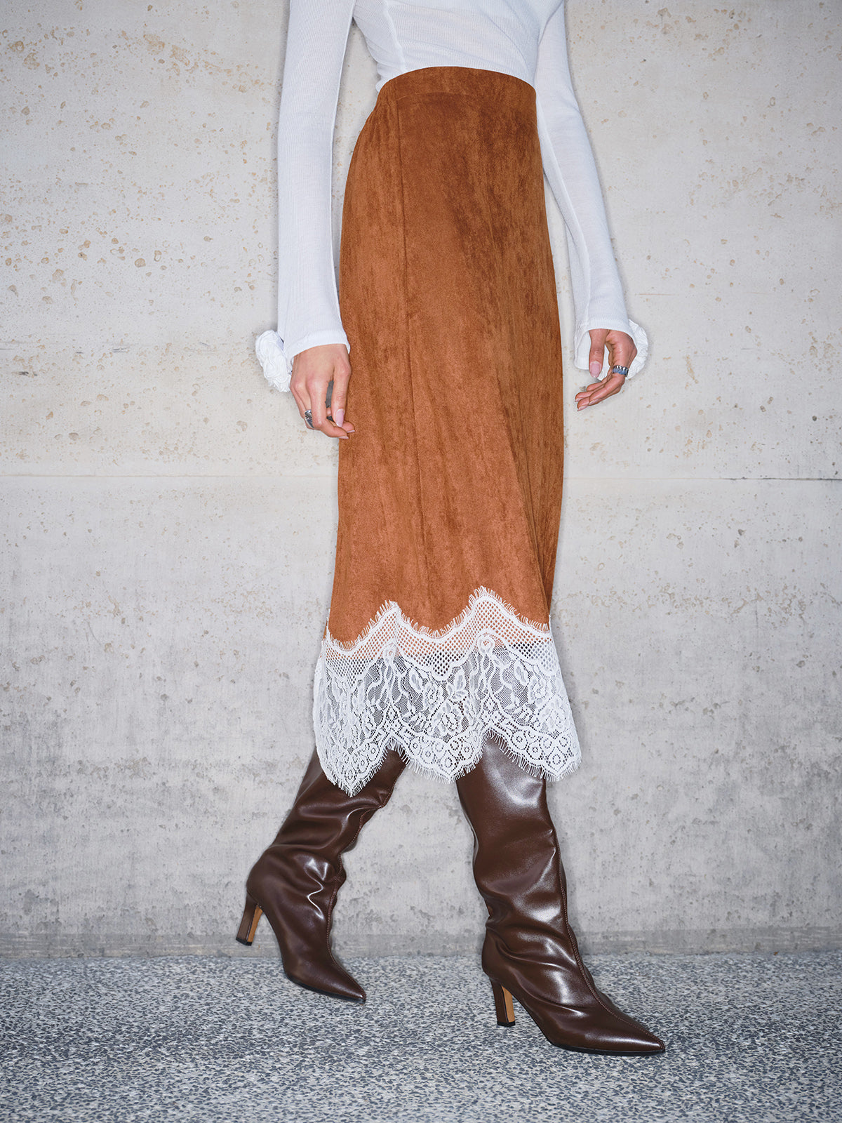 Lace Hem Suede Skirt-Mesadic