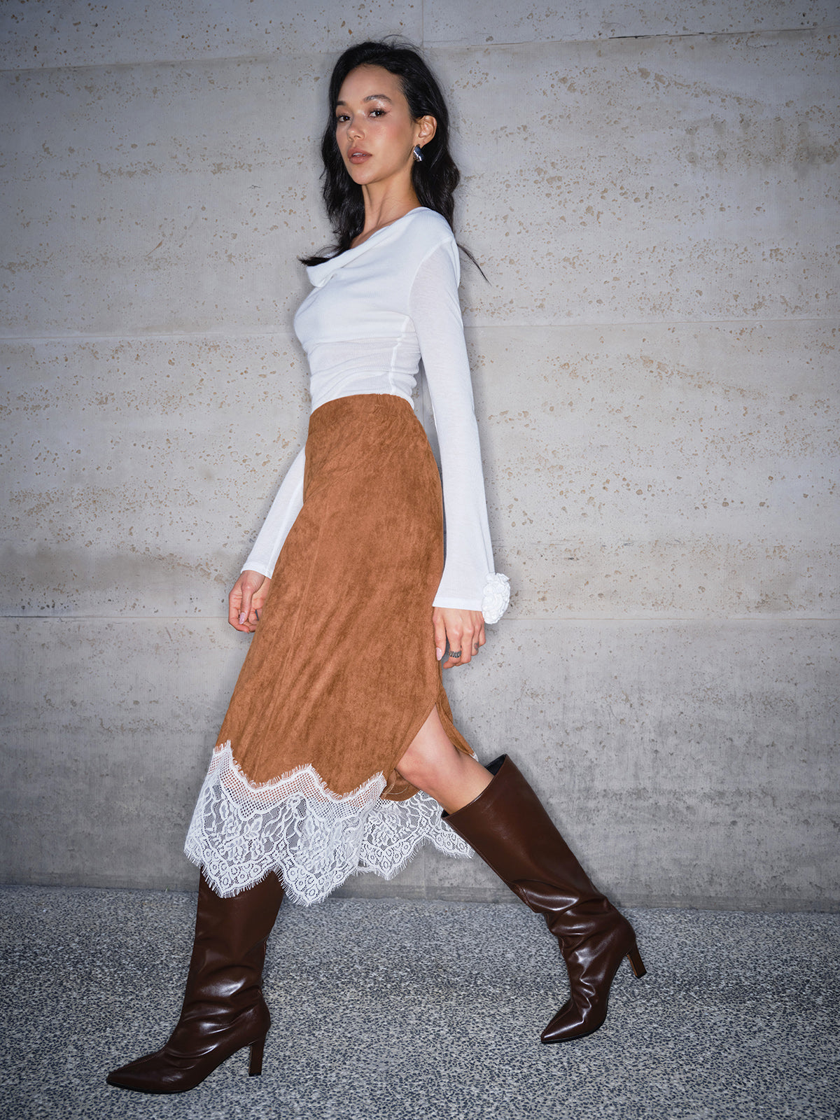 Lace Hem Suede Skirt-Mesadic