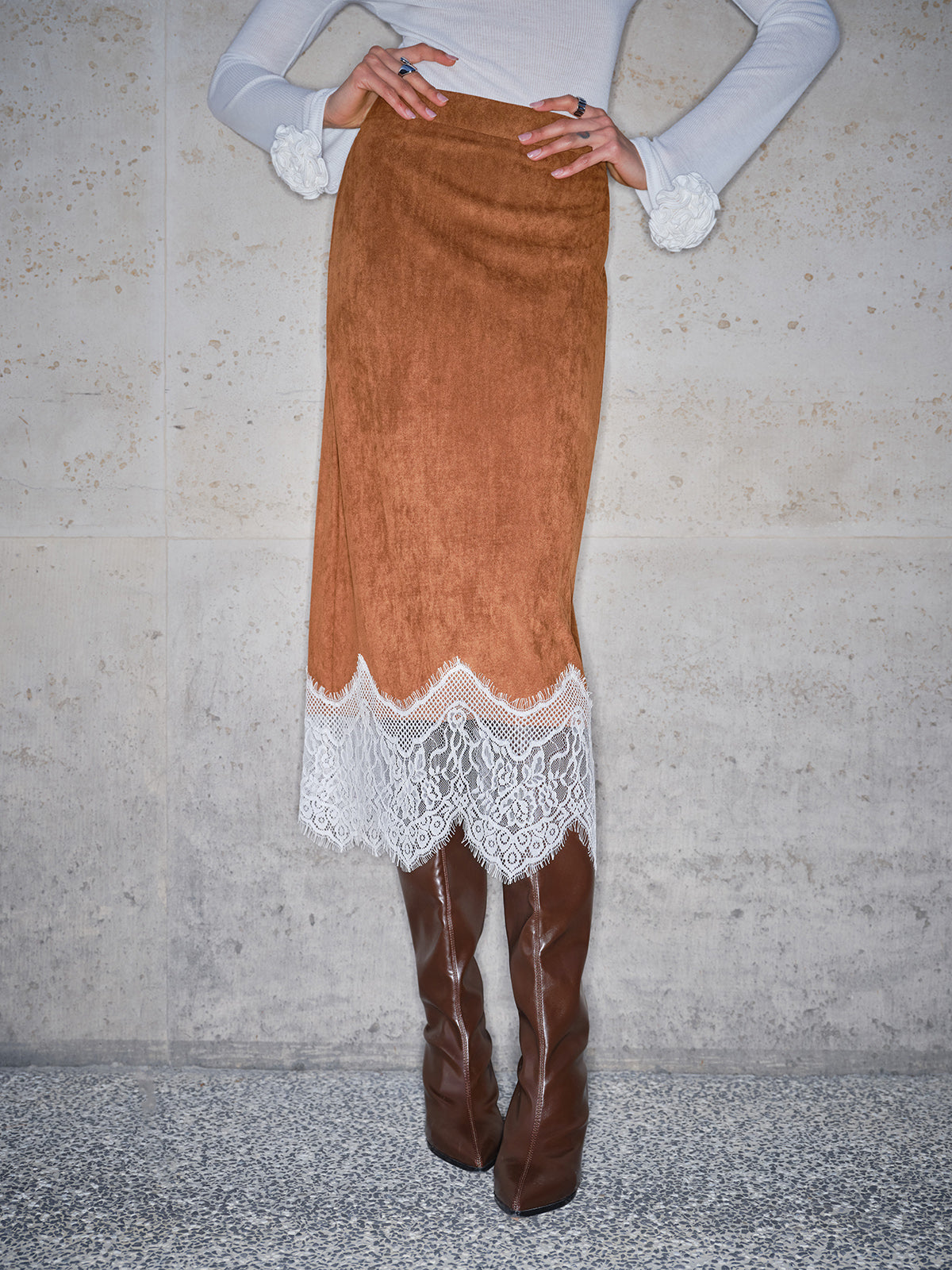 Lace Hem Suede Skirt-Mesadic