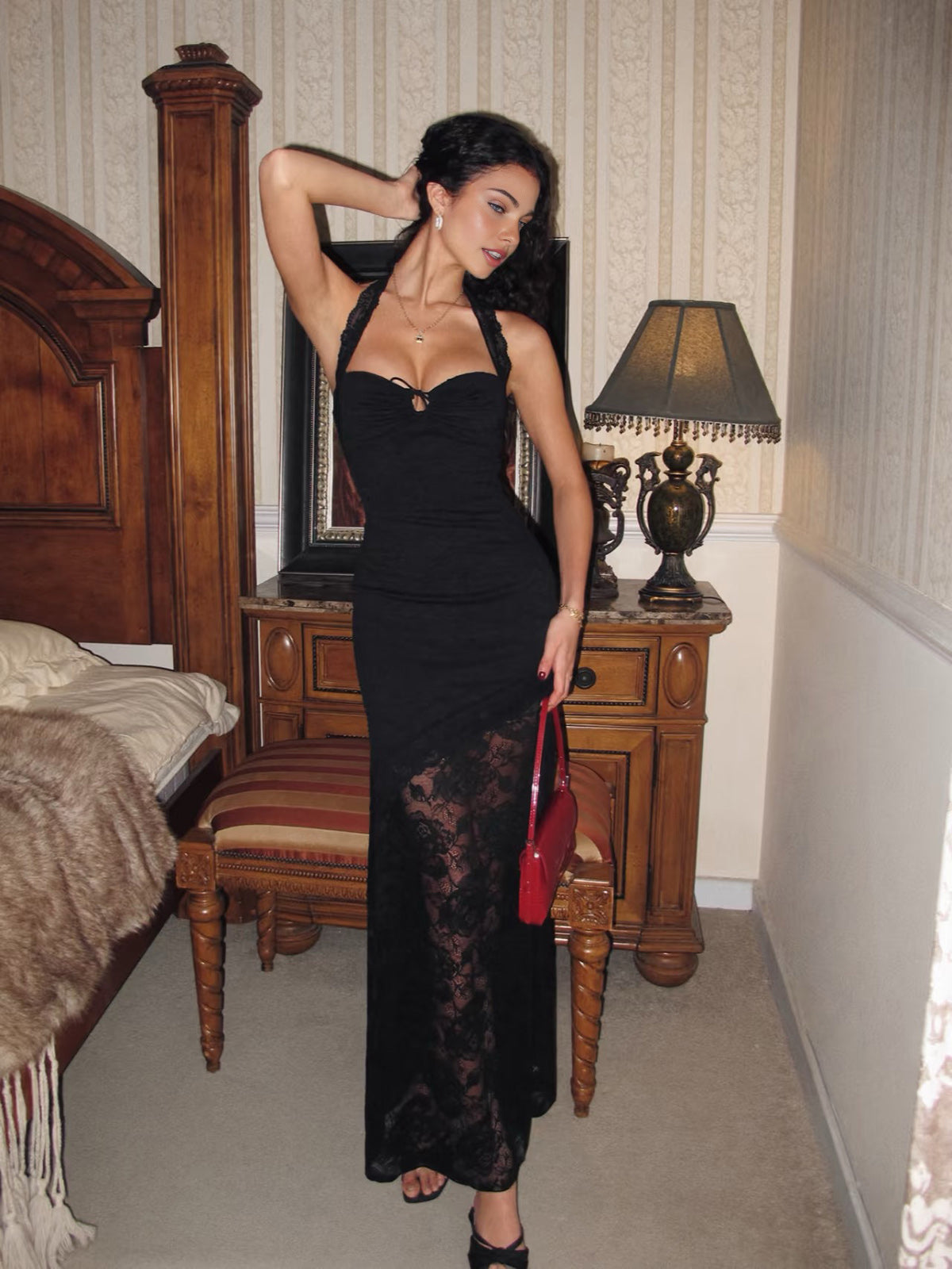 Lace Panel Halter Cami Dress-Mesadic