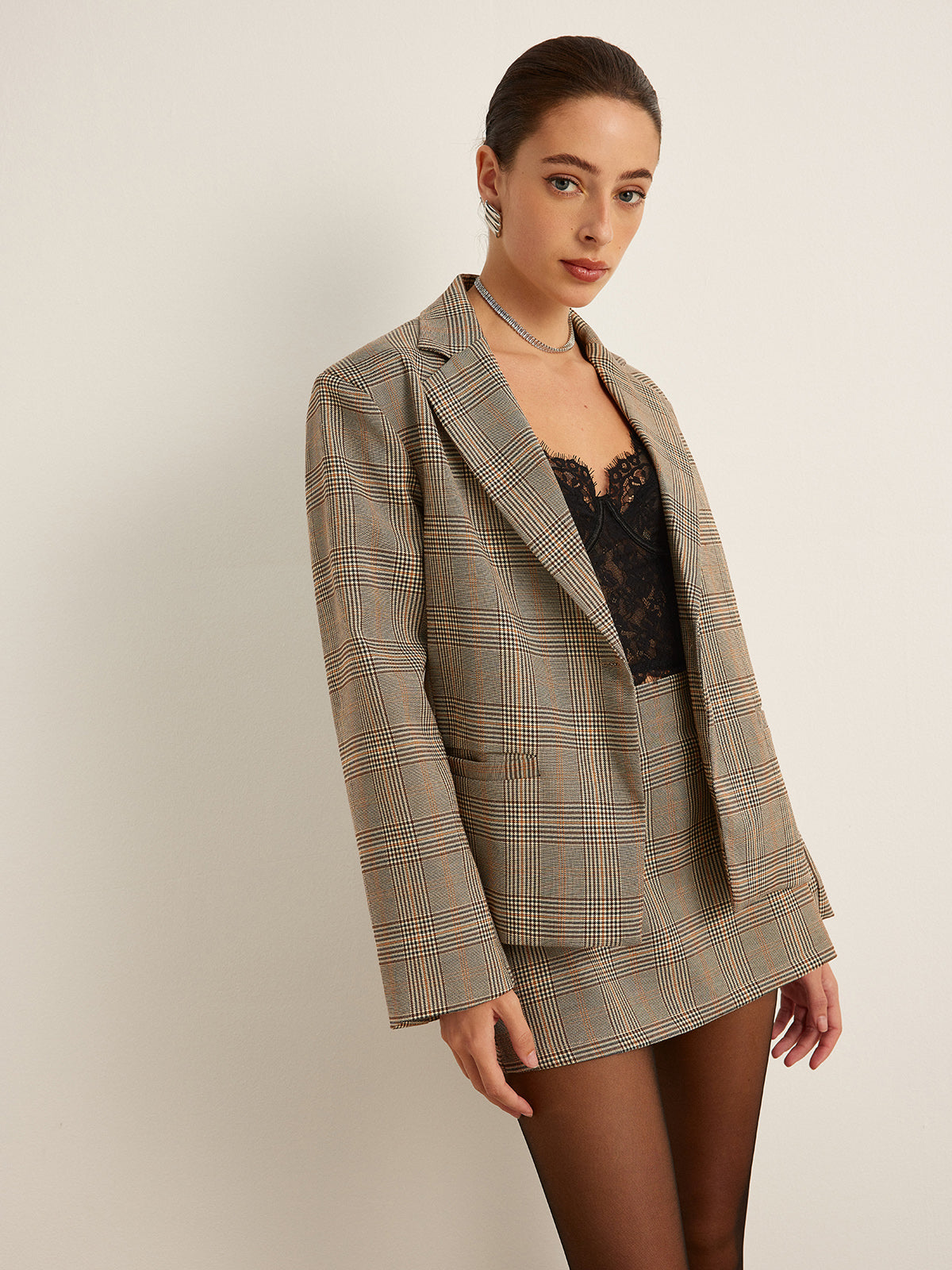Checked Button Slit Blazer-Trafni