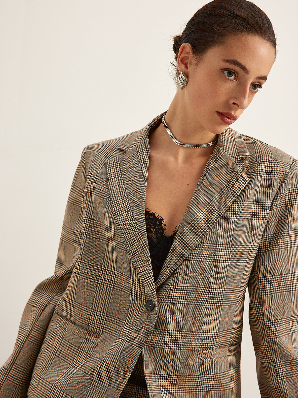 Checked Button Slit Blazer-Trafni