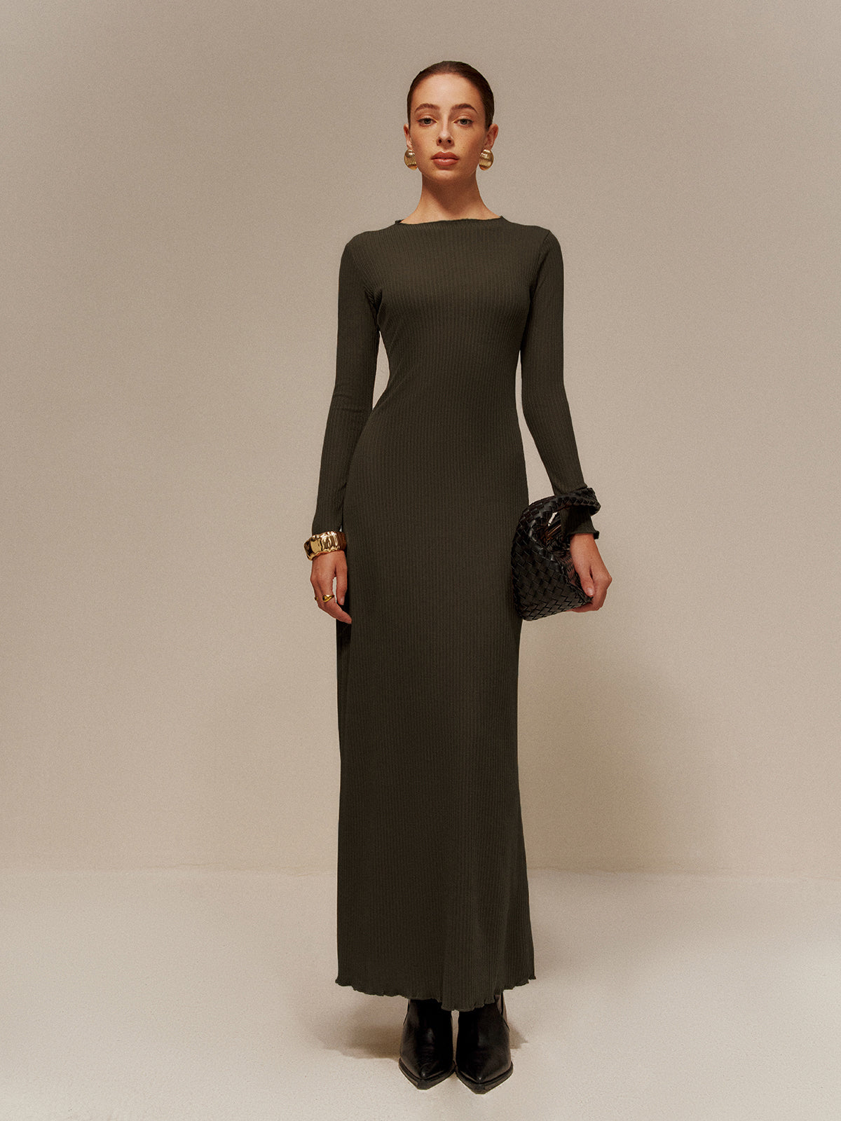 Lettuce Trim Sweater Long Dress Without Belt-Mesadic