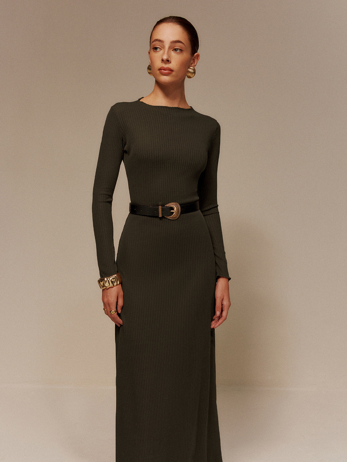 Lettuce Trim Sweater Long Dress Without Belt-Mesadic