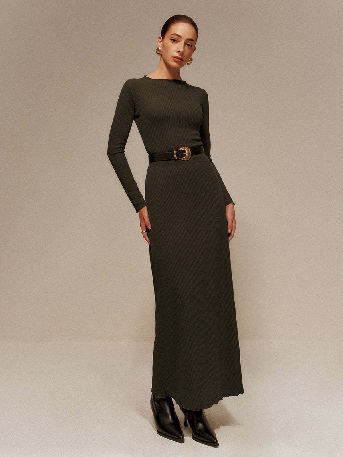 Lettuce Trim Sweater Long Dress Without Belt-Mesadic