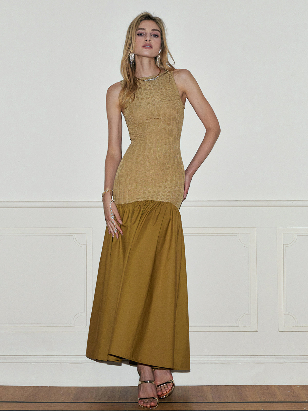 Pleated Panel Tank Long Dress-Mesadic