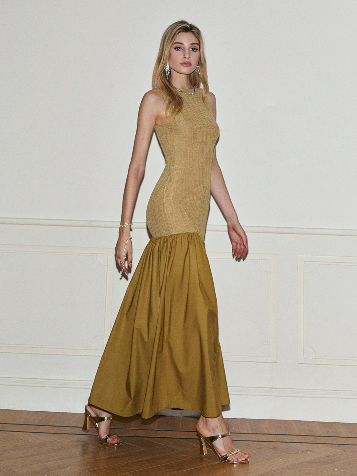 Pleated Panel Tank Long Dress-Mesadic