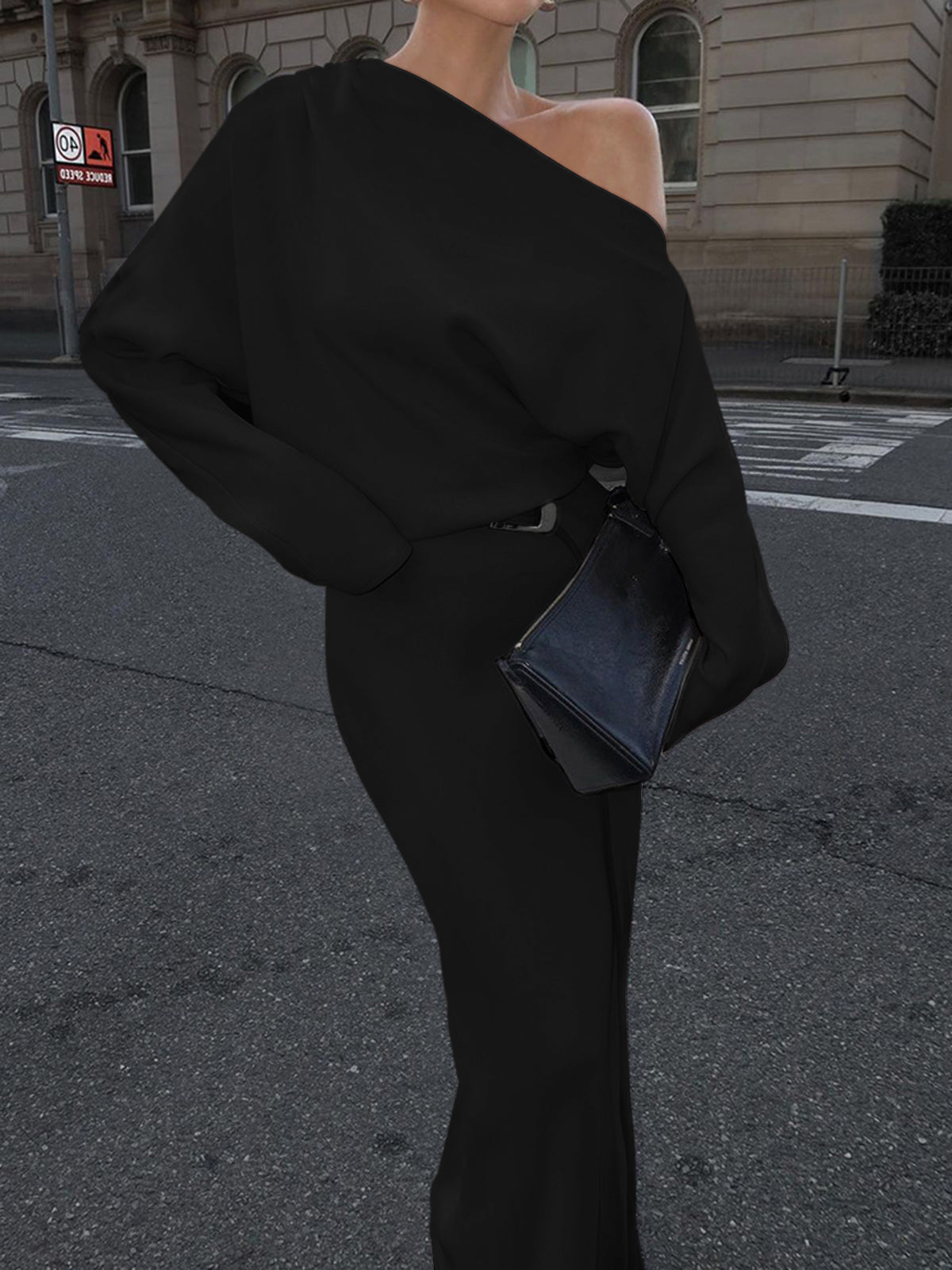 Asymmetrical Off Shoulder Solid Long Sleeve Maxi Dress-Mesadic