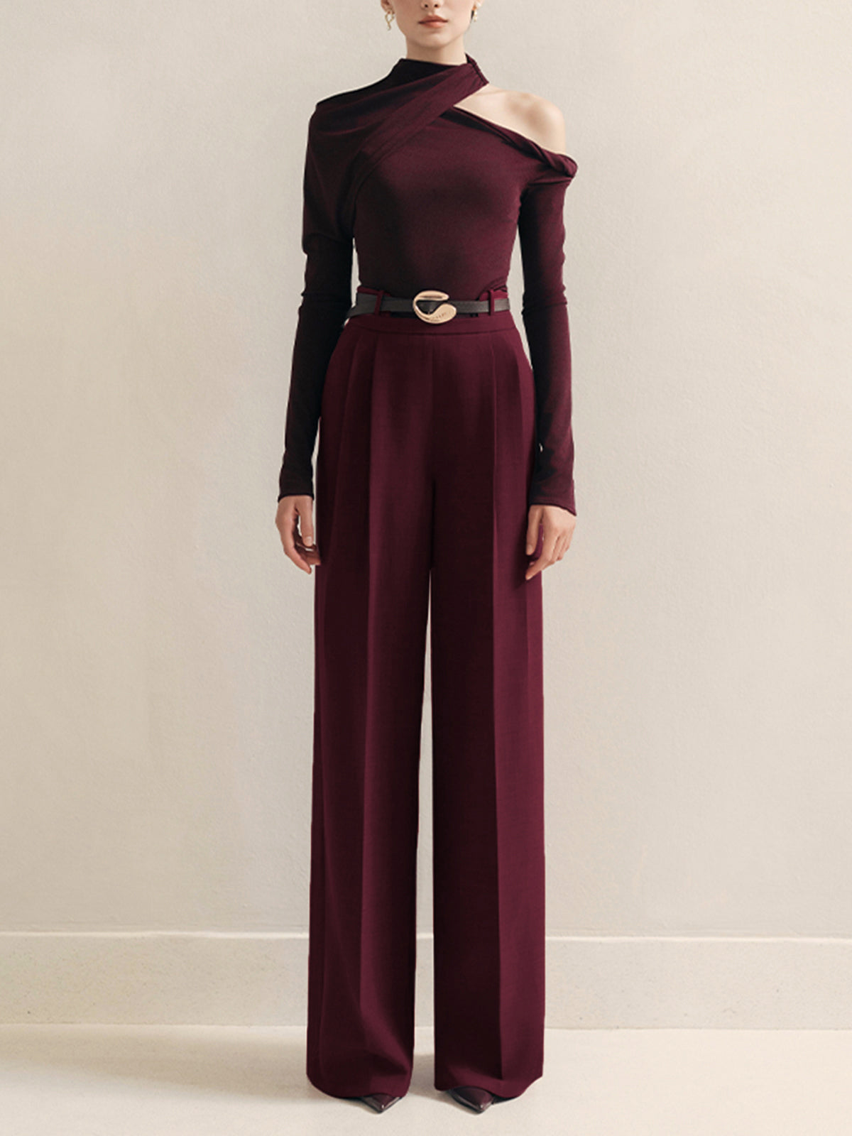 Metal-Belt Pleated High-Waist Pants-Mesadic