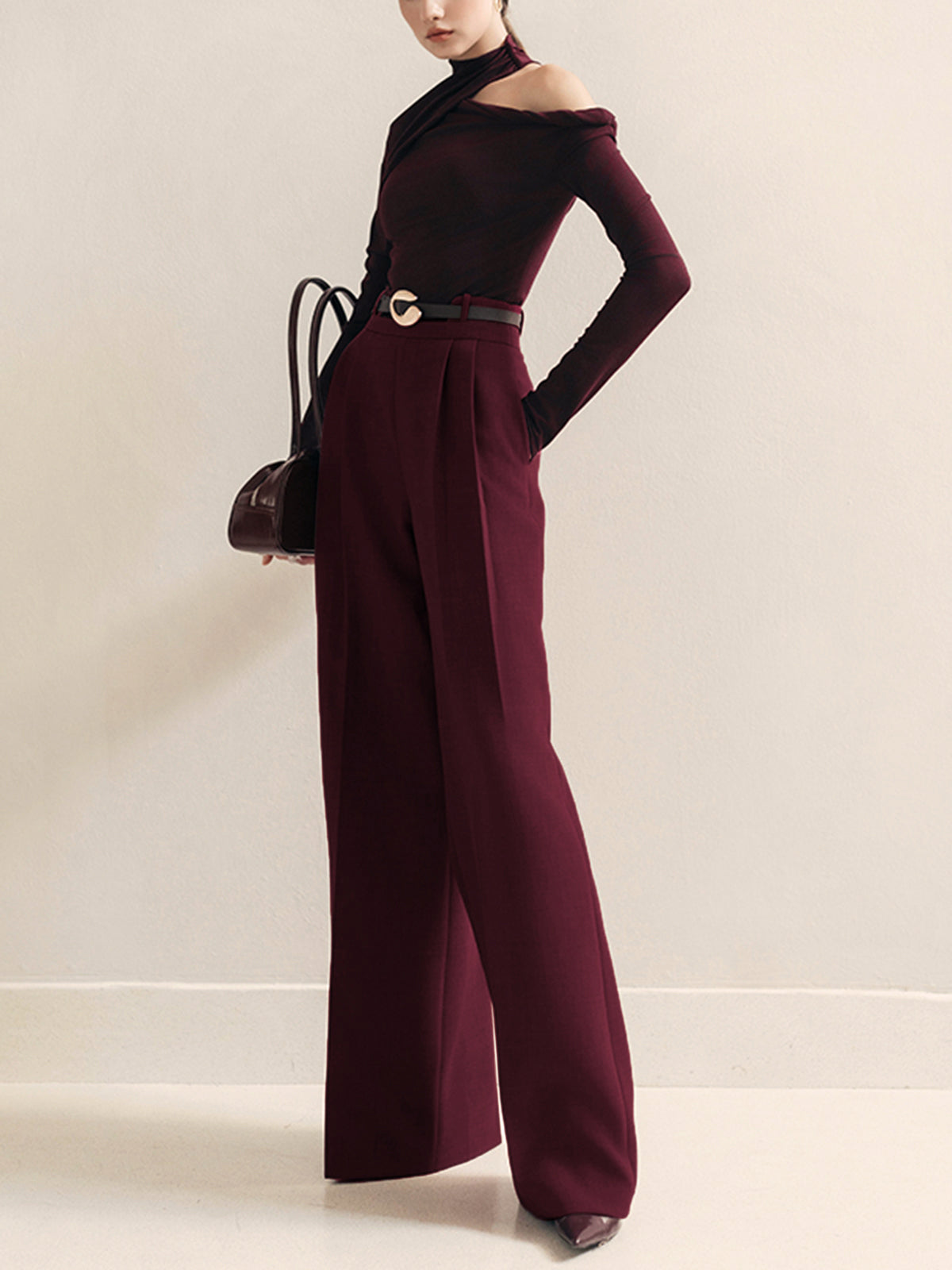 Metal-Belt Pleated High-Waist Pants-Mesadic