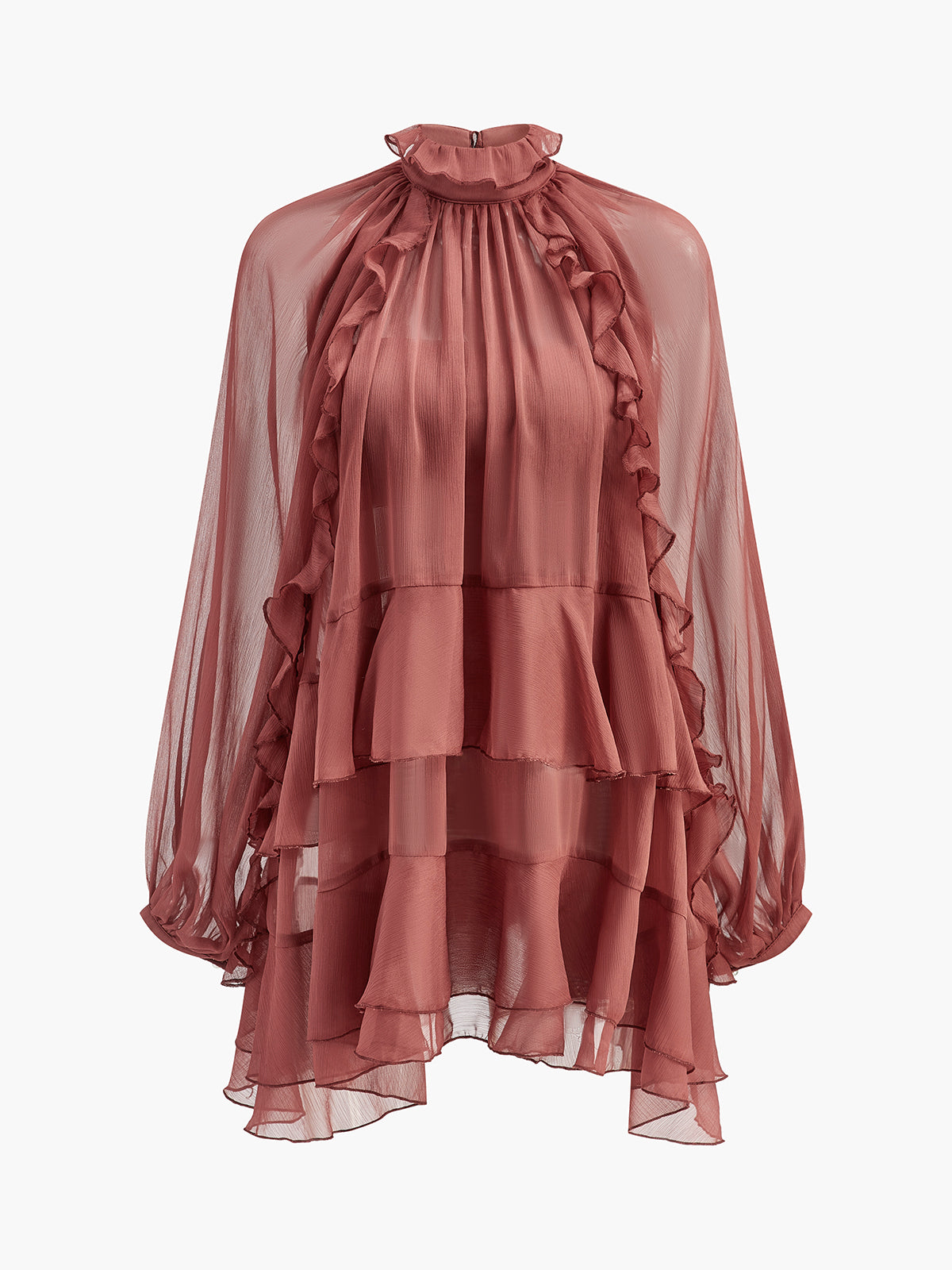 Tie Neck Semi-Sheer Ruffle Chiffon Dress-Mesadic